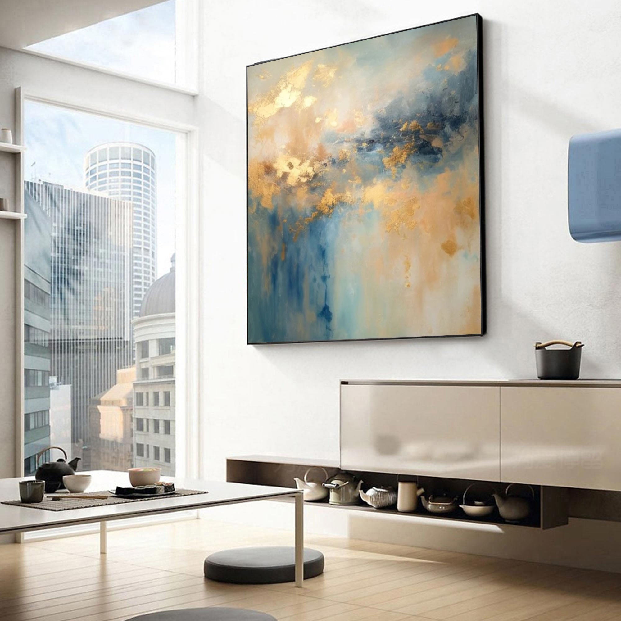 Golden Mist Blue Abstract Painting