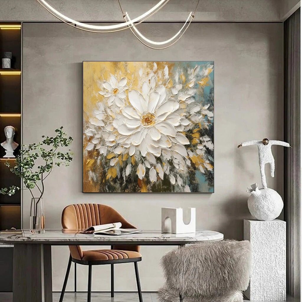 Golden Bloom White Floral Painting