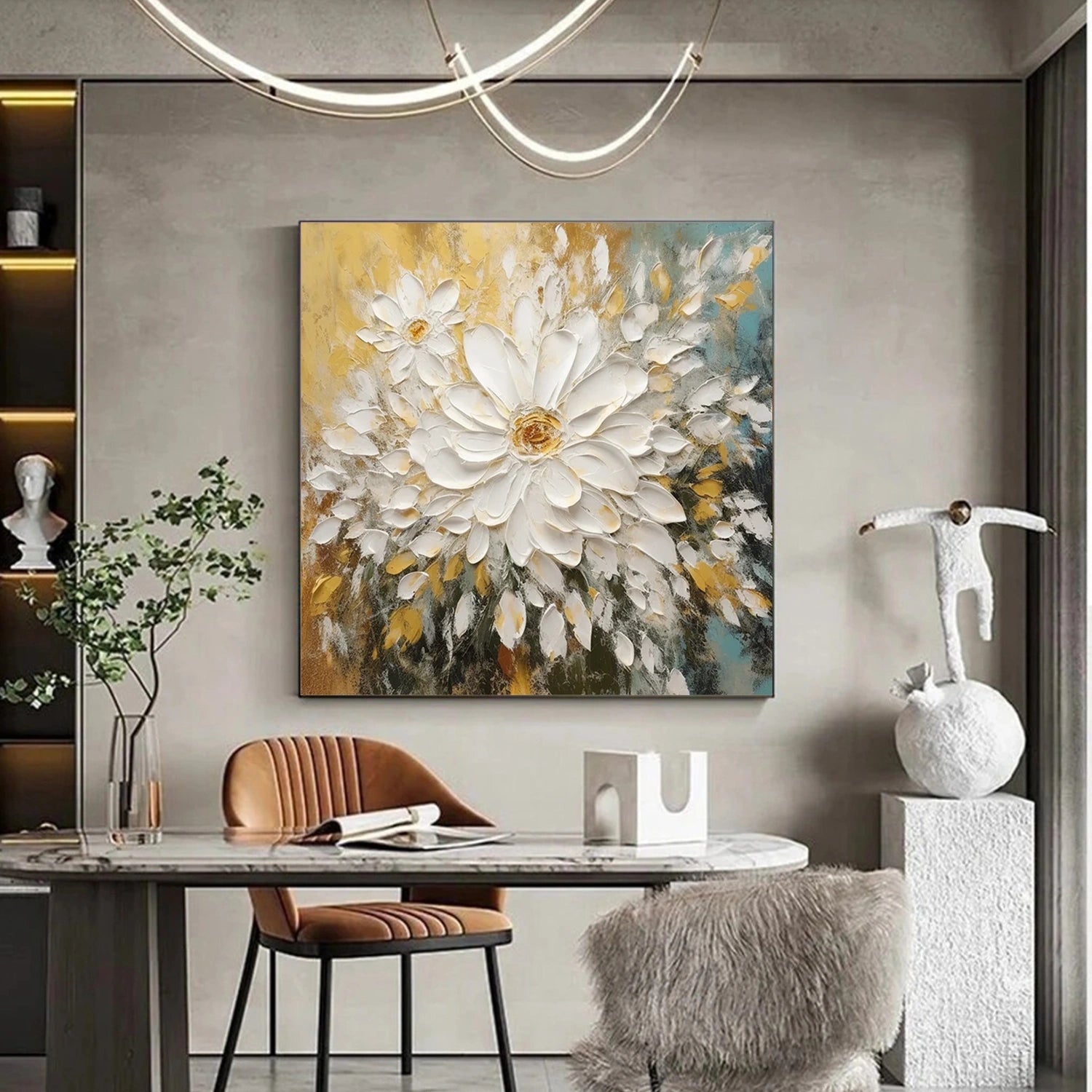 Golden Bloom White Floral Painting
