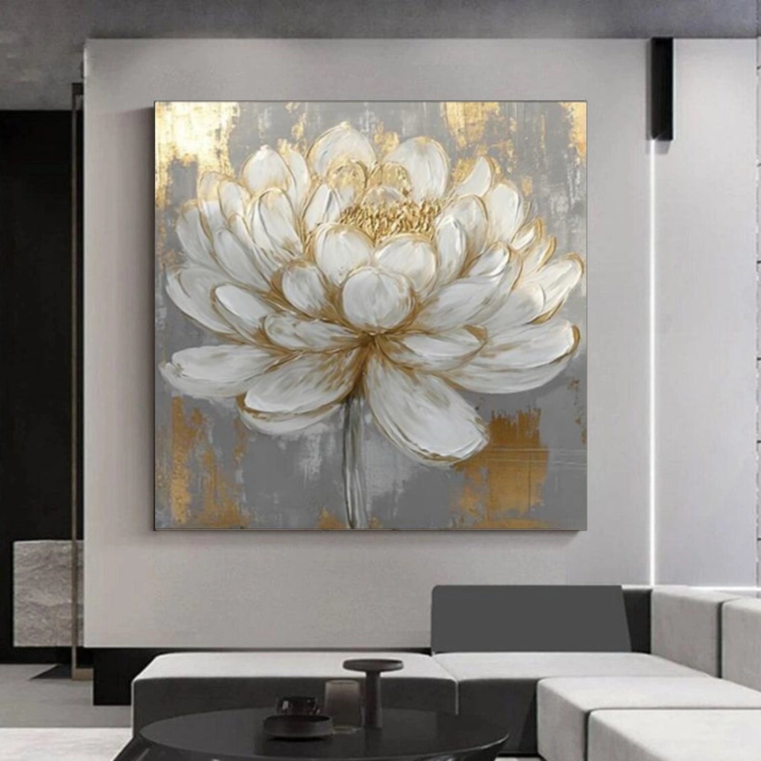 Golden Whisper White Lotus Abstract Painting