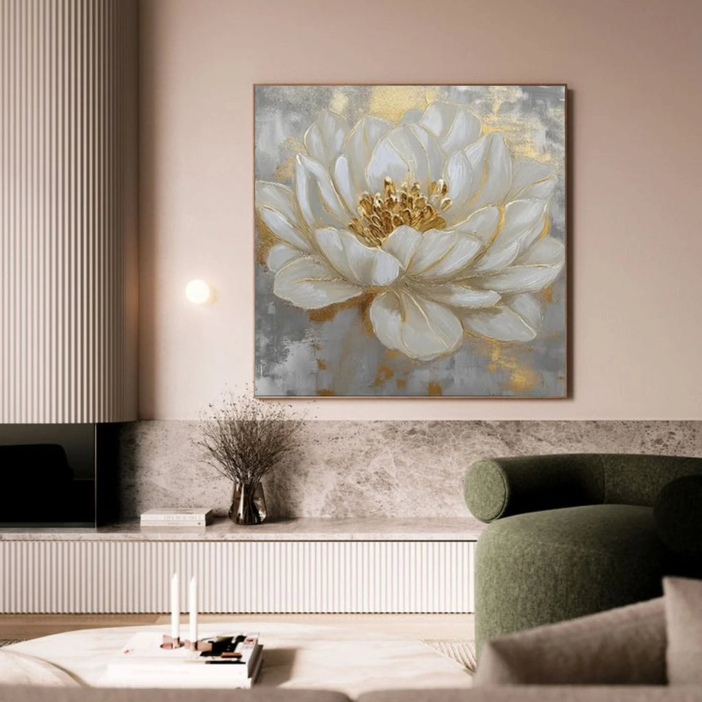Golden Aura White Bloom Abstract Painting