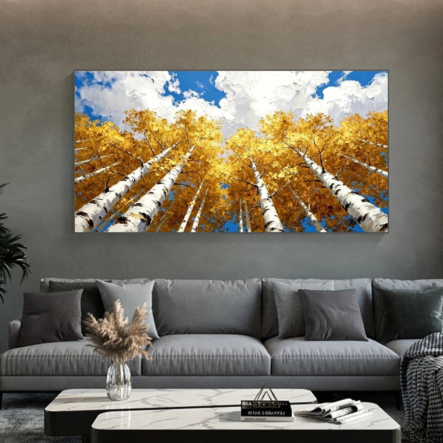 Golden Canopy Skyward Forest Painting