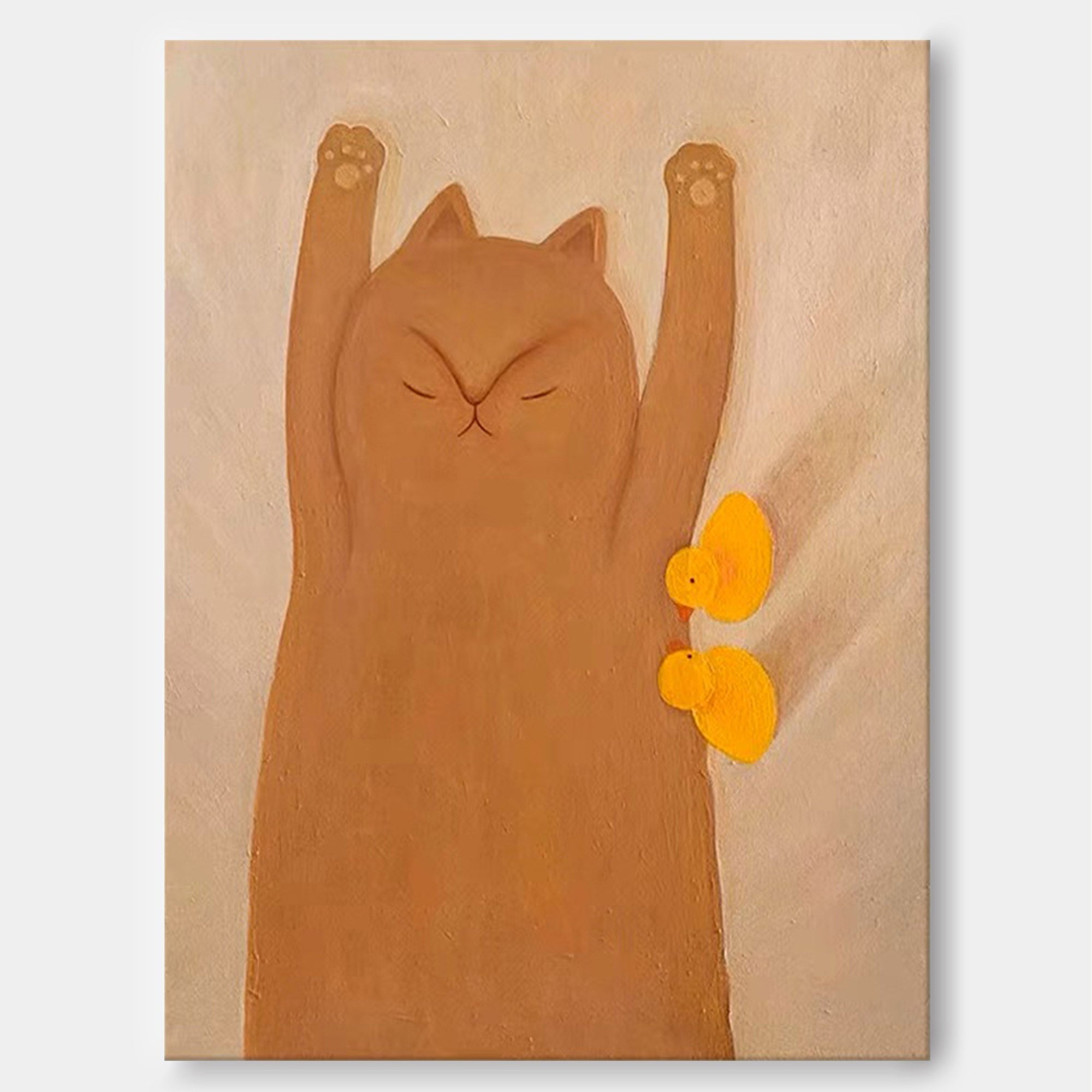 Morning Stretch: Whimsical Cat & Chicks Nursery Wall Art for Kids Room