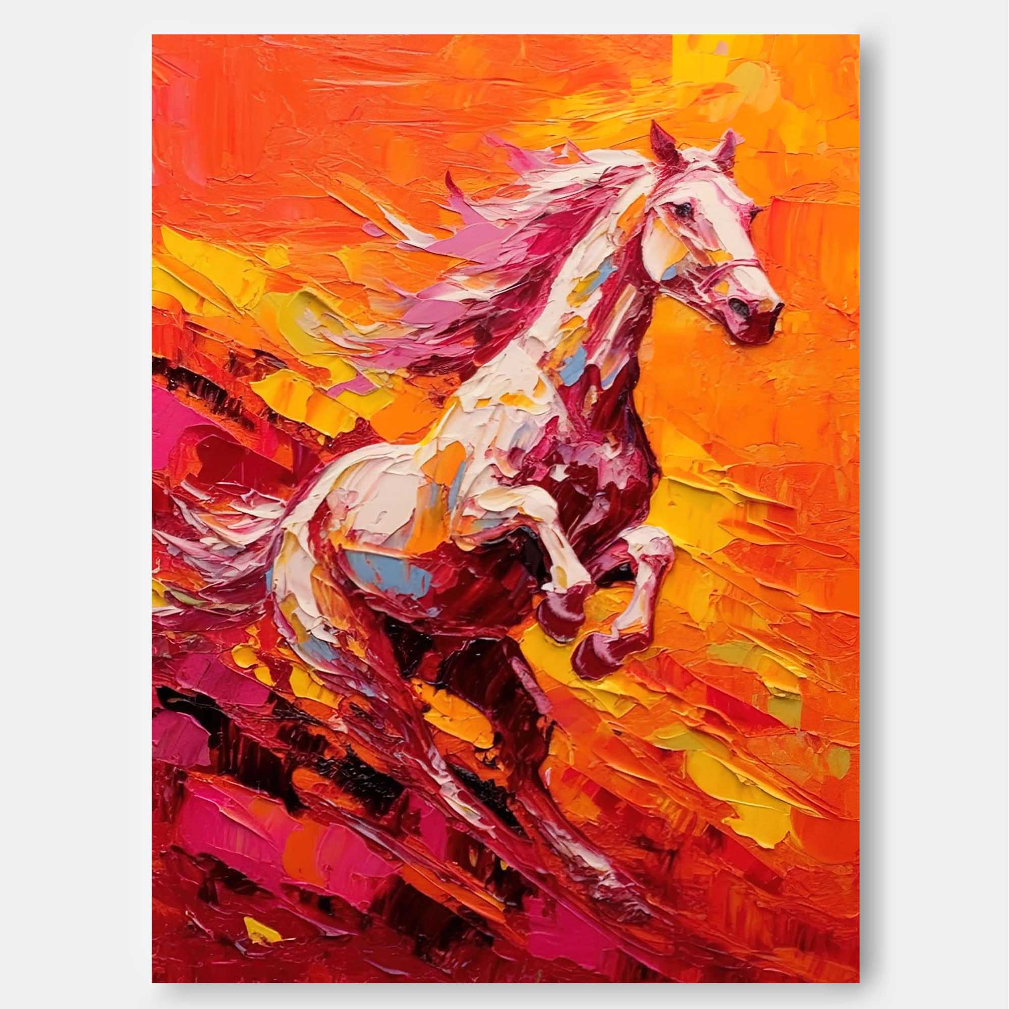 Sunset Gallop: A Fiery Textured Horse Wall Art for Living Room