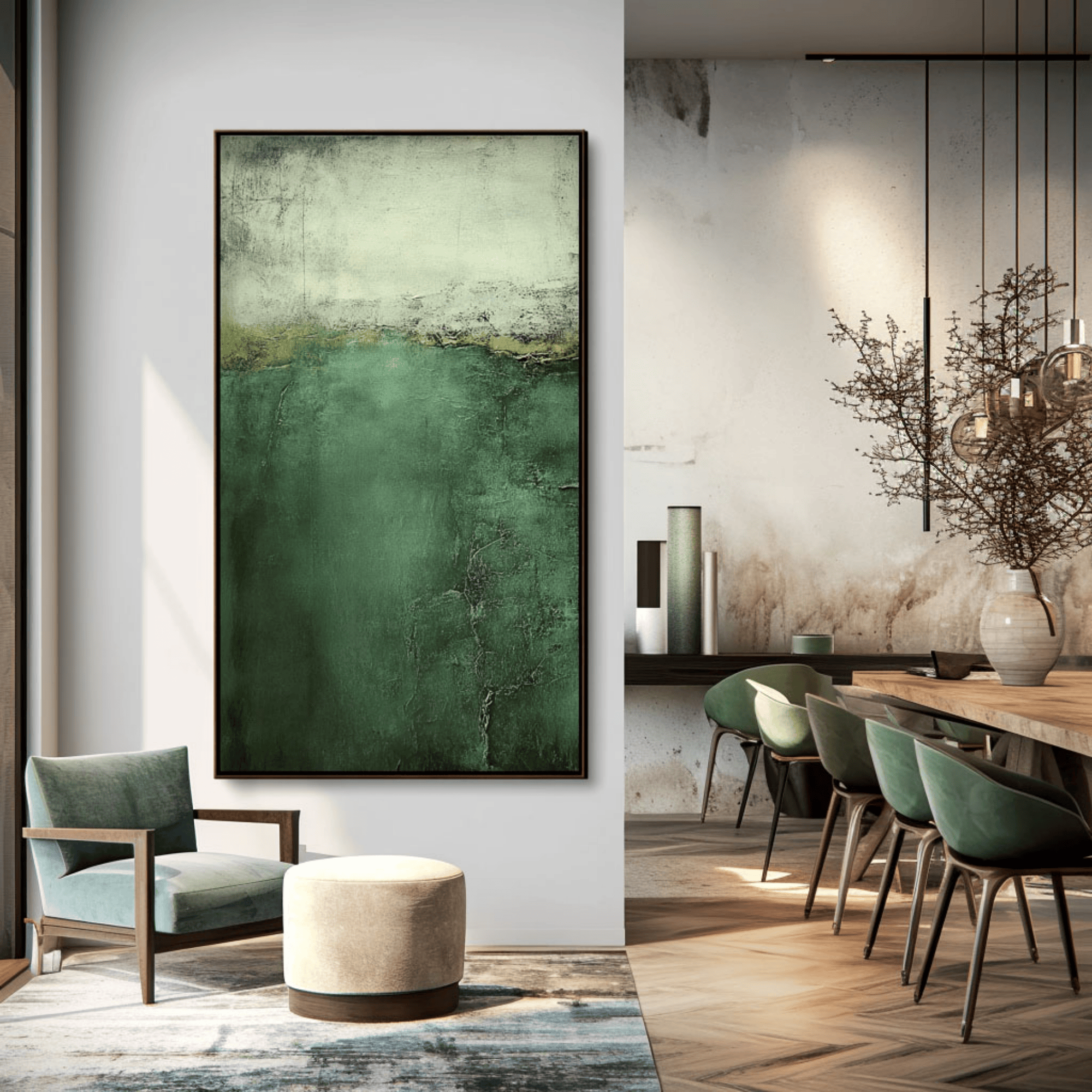 Emerald Green Abstract Wall Art, Vertical Textured Canvas for Living Room Decor