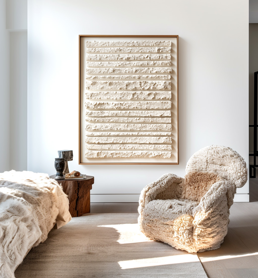 Wabi Sabi Textured Wall Art, Neutral White Minimal Lines Canvas for Living Room Decor