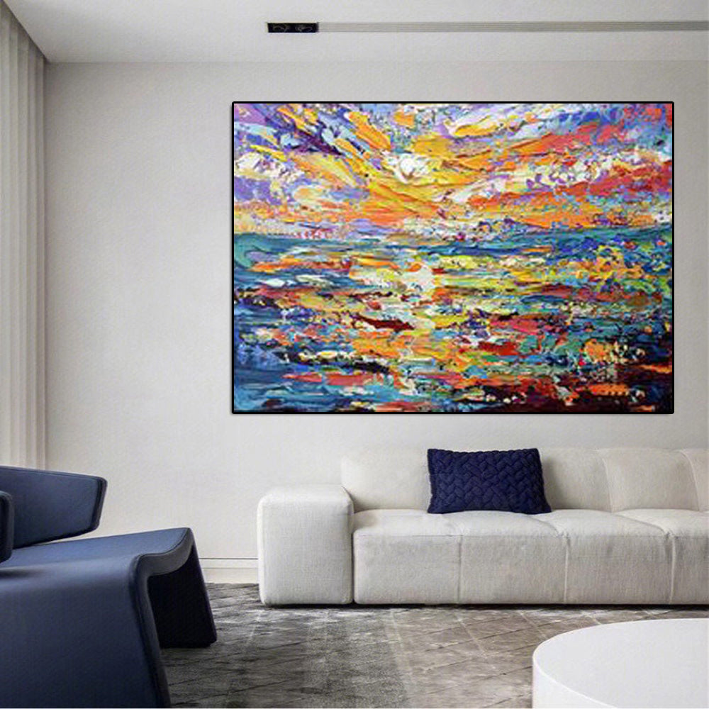 Sunset Ablaze: Vibrant Textured Abstract Ocean Painting for a Colorful Living Room Wall