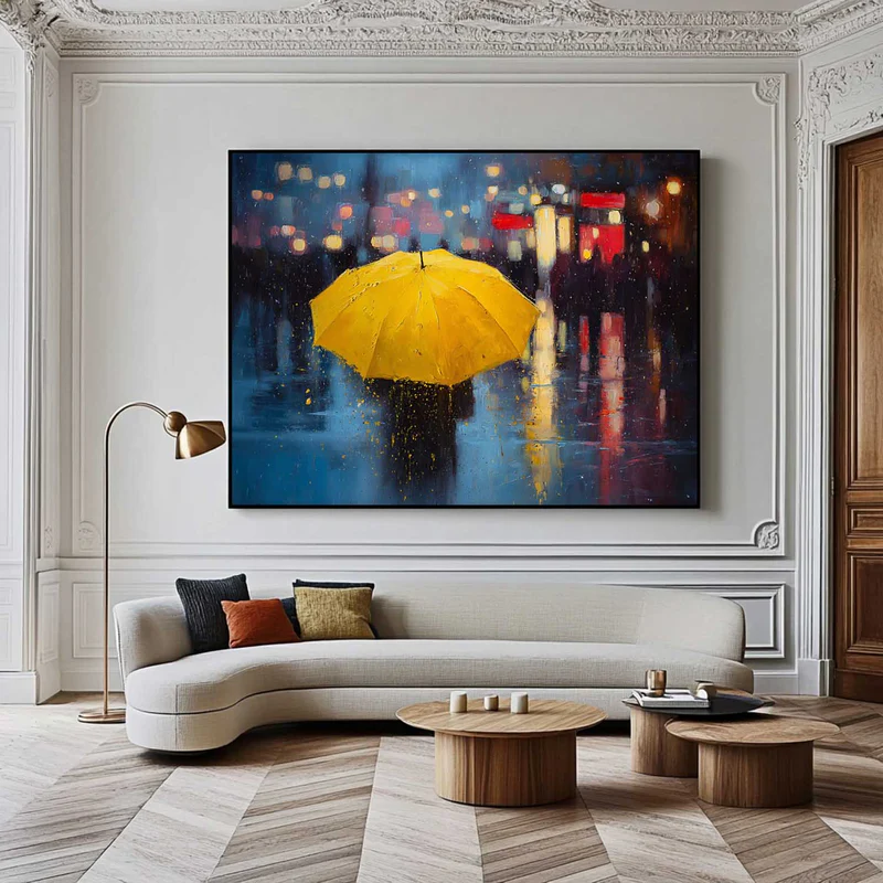 Yellow Umbrella Night Rain Painting
