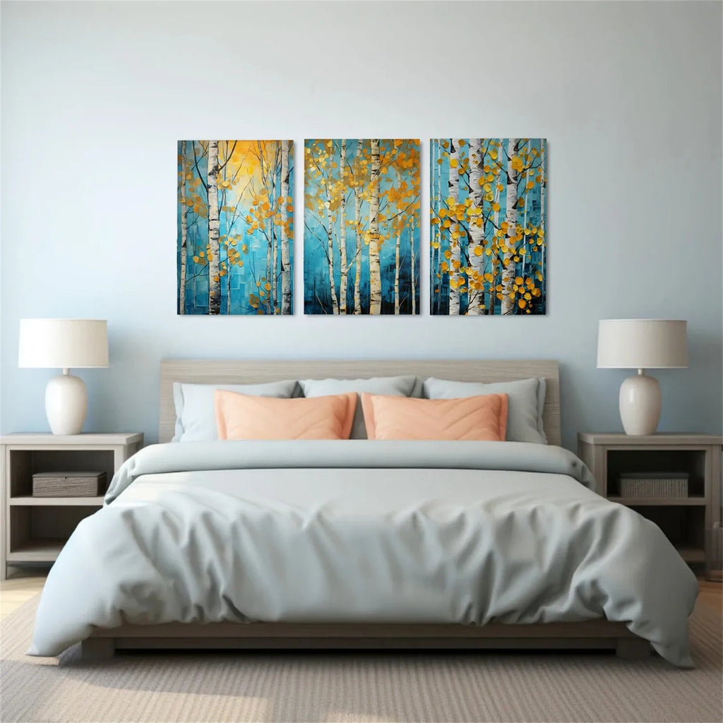 Golden Leaves Birch Forest Triptych Painting Set of 3