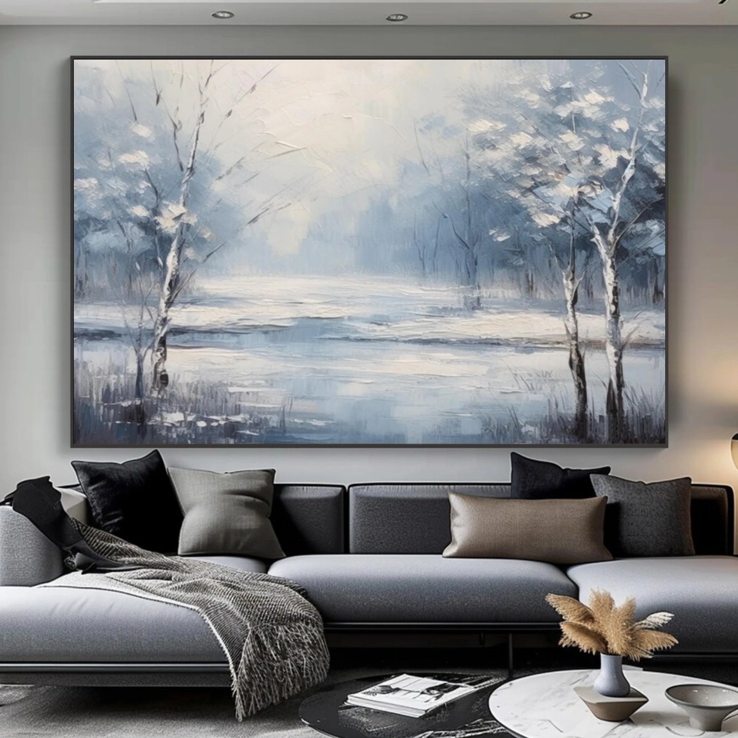 Mist Blue Lake Winter Forest Abstract Painting