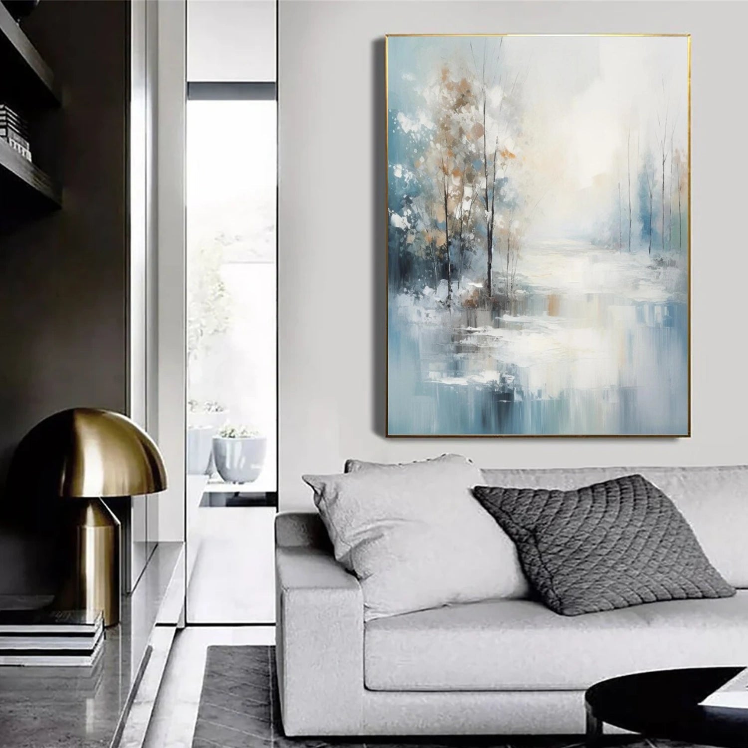 Morning Mist Lakeside Blue Gray Abstract Painting