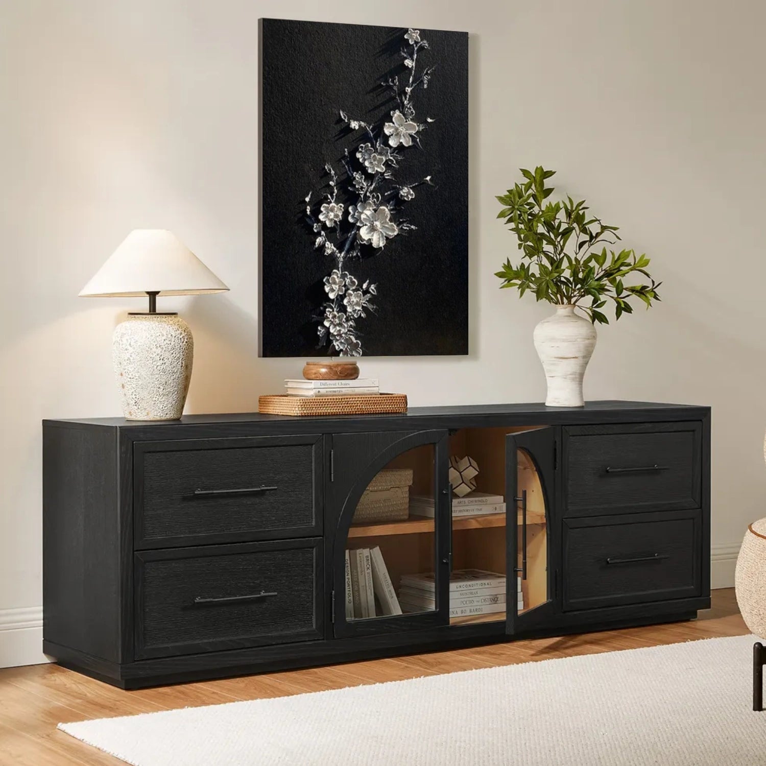 Midnight Silver Blossom Abstract Painting