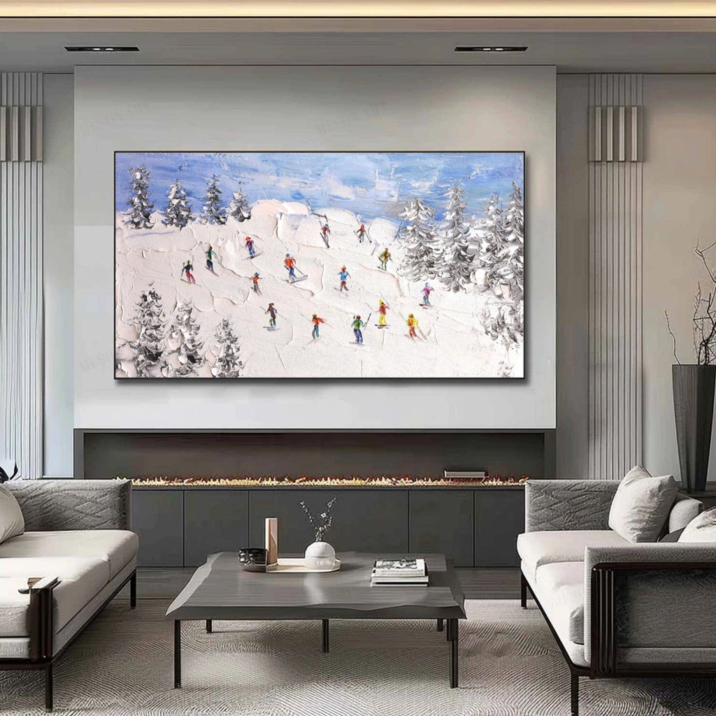 Snowfield Symphony – Group Skiers Textured Painting