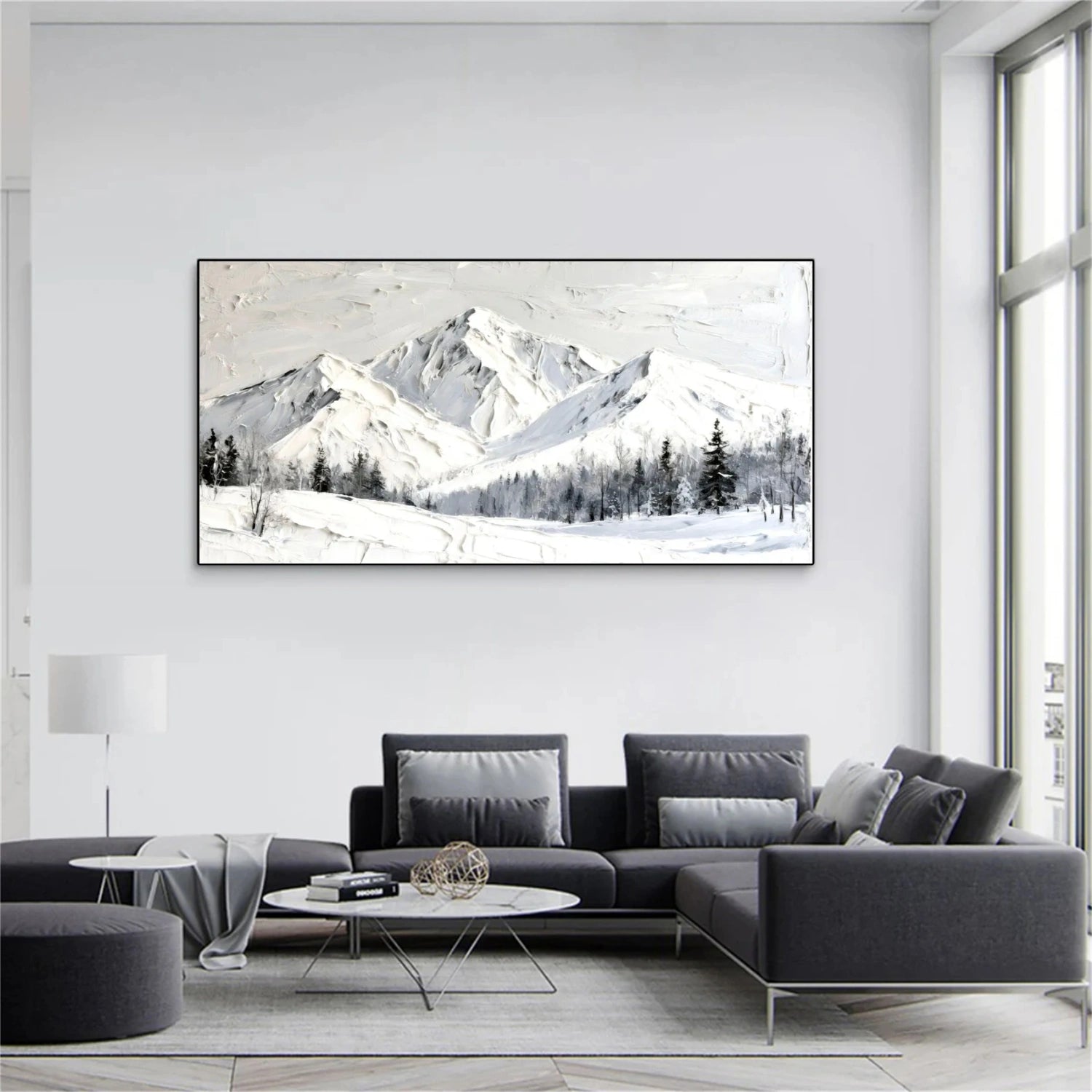 Silent Peaks – White Textured Snow Mountain Painting
