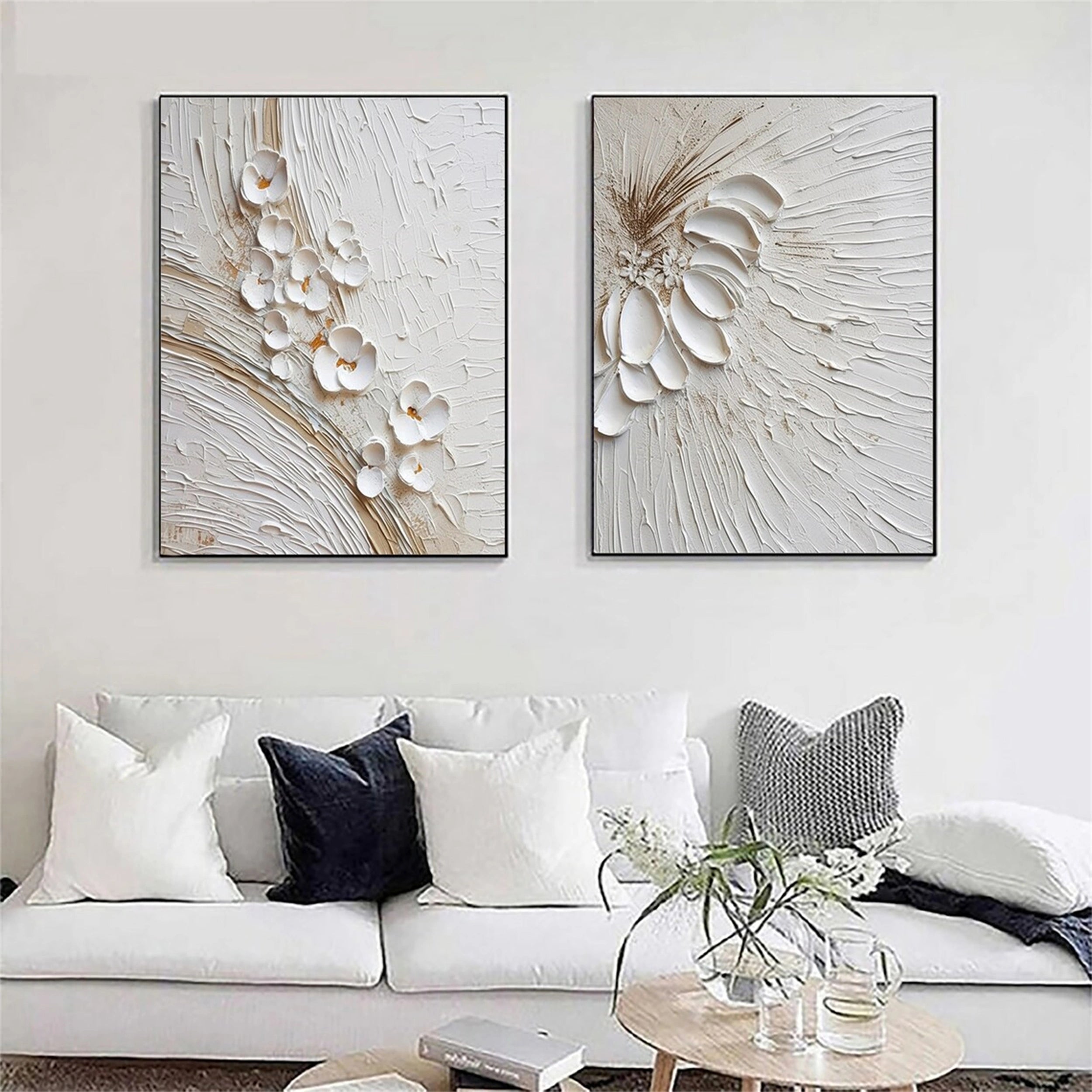 Set of 2 Ivory Whisper Textured Floral Abstract Painting