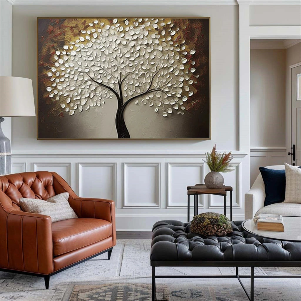 Silver Leaf Tree Textured Abstract Painting
