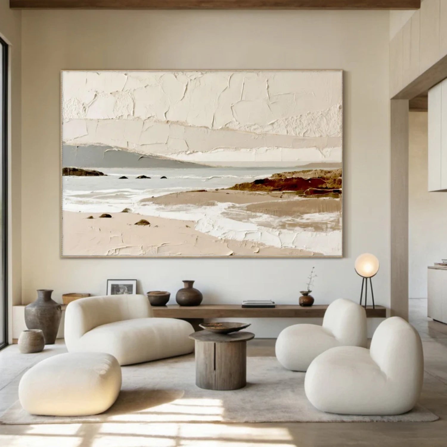 Beige Coastal Serenity – Textured Seascape Painting