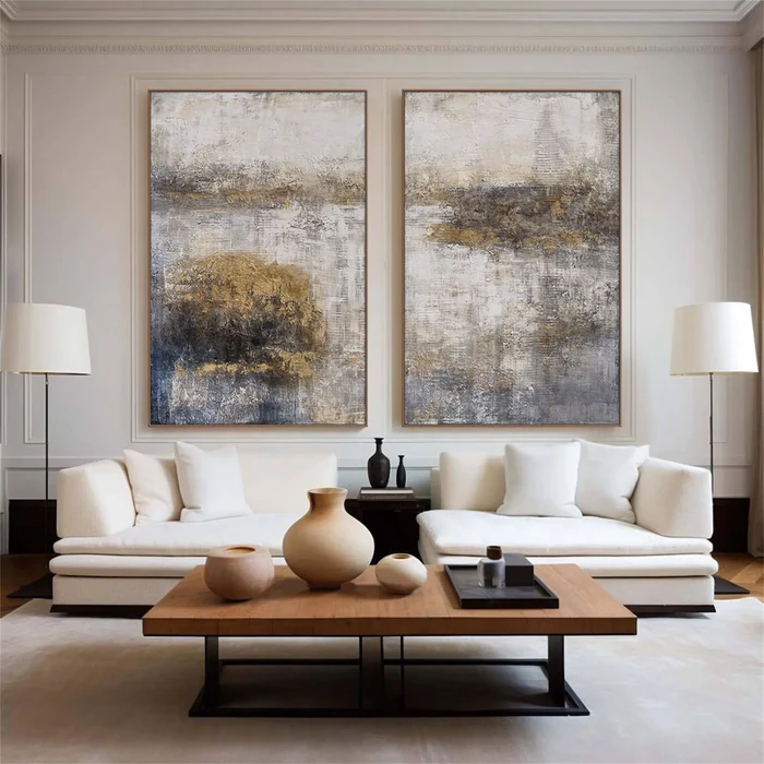 Golden Haze Abstract Landscape Painting Set Set of 2