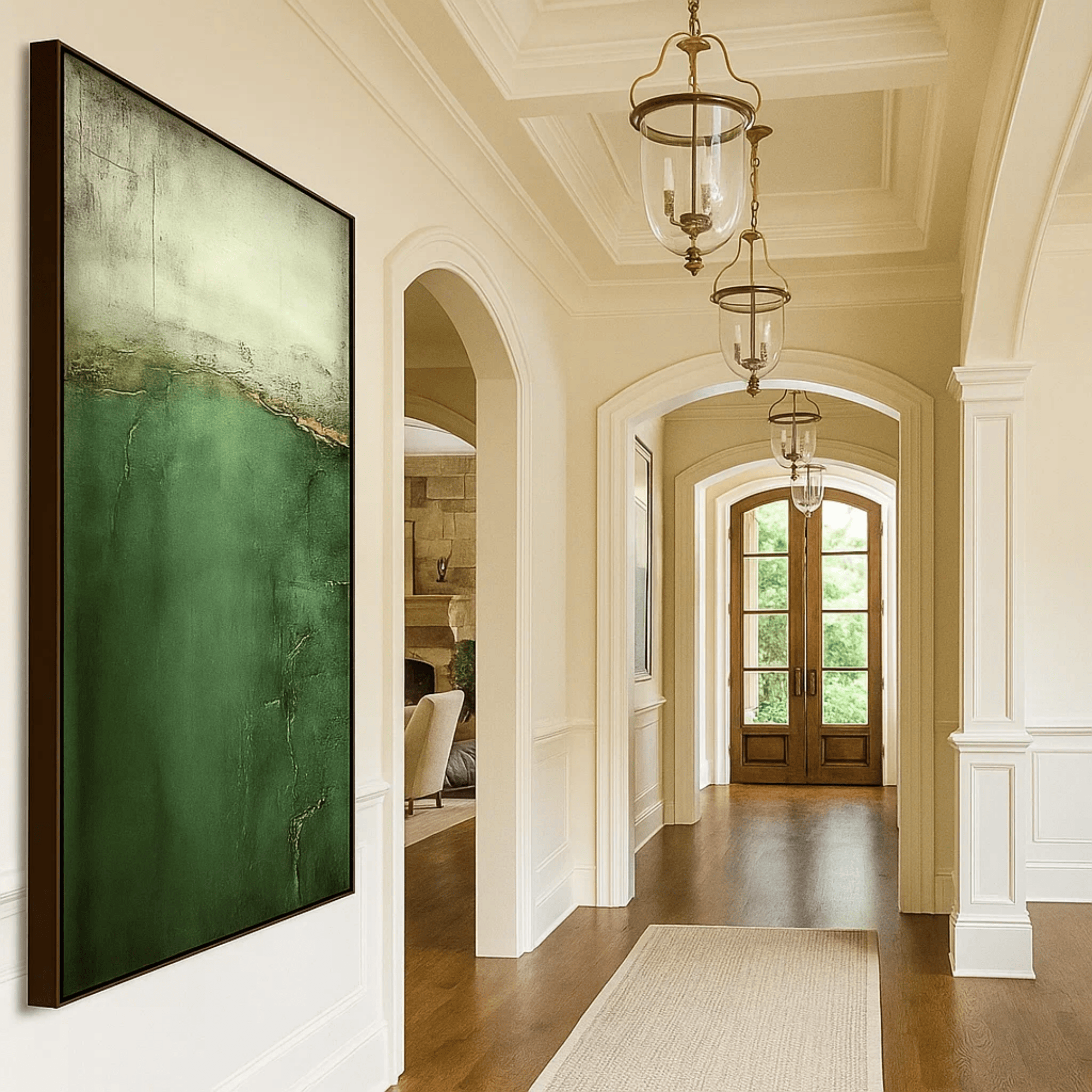 Emerald Green Abstract Wall Art, Vertical Textured Canvas for Living Room Decor