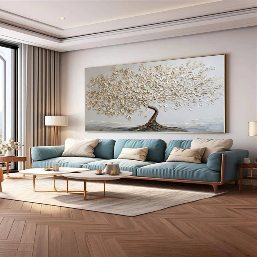 Tranquil Ivory Leaf Tree Abstract Painting