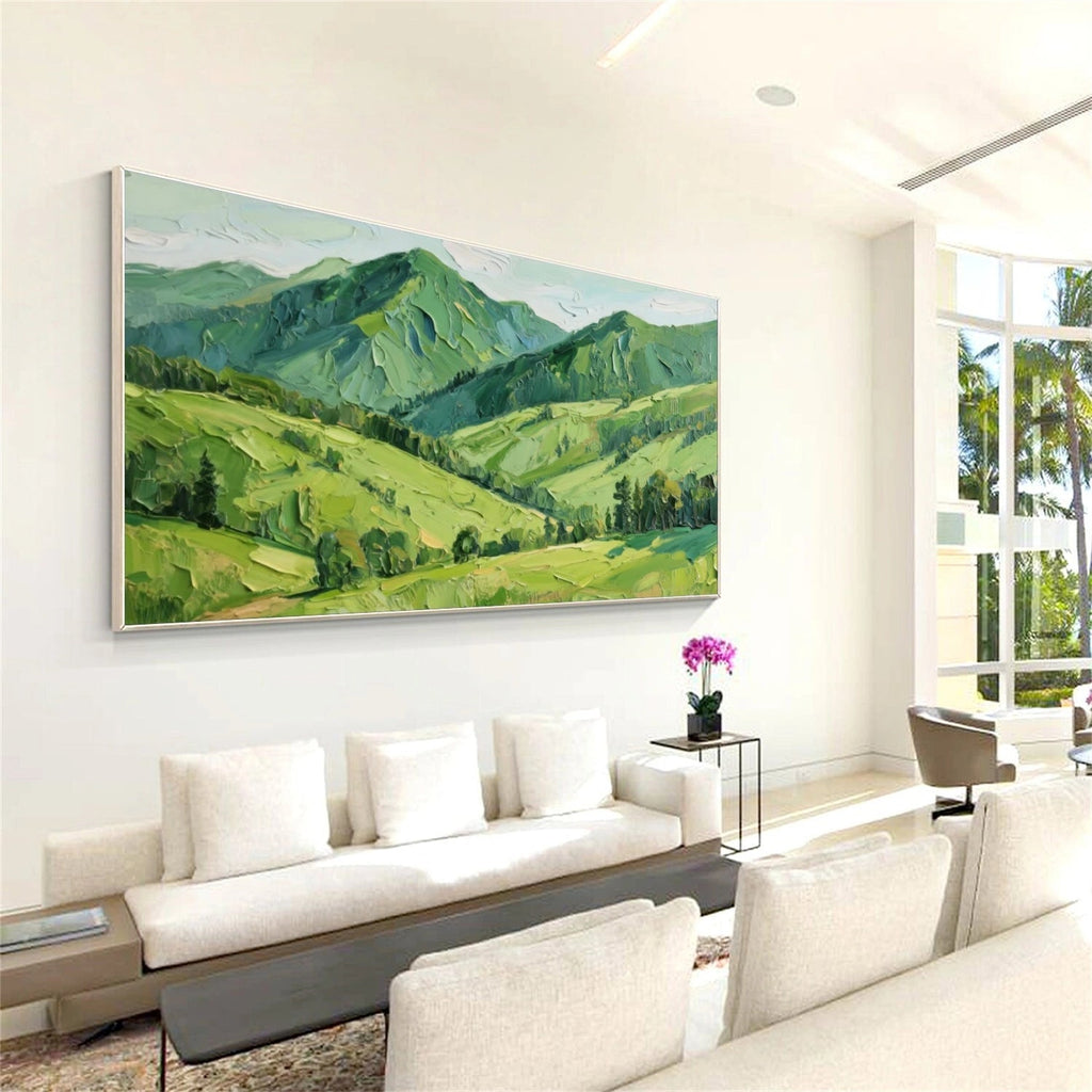 Emerald Peaks – Textured Green Mountain Landscape Painting