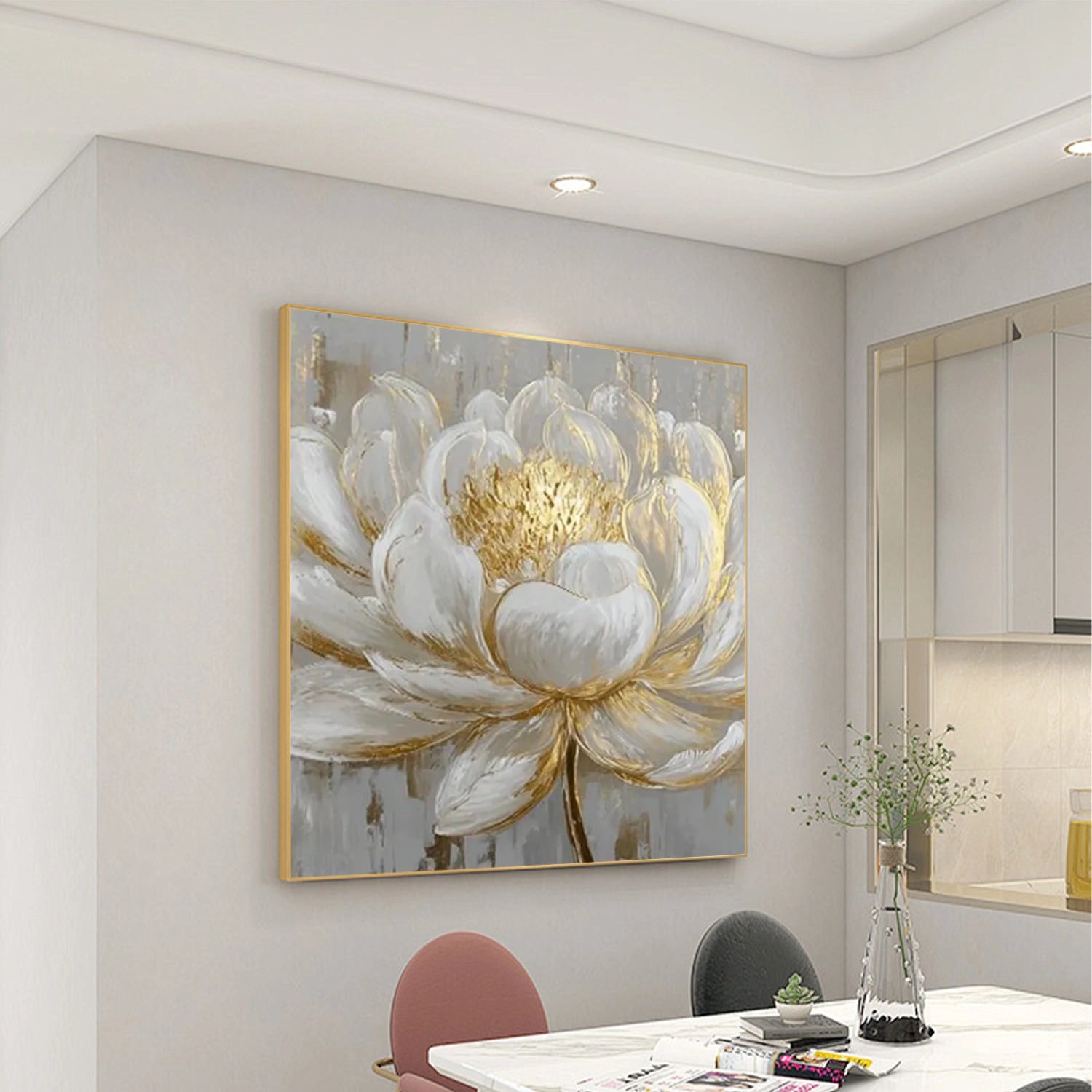 Gilded White Lotus Abstract Painting