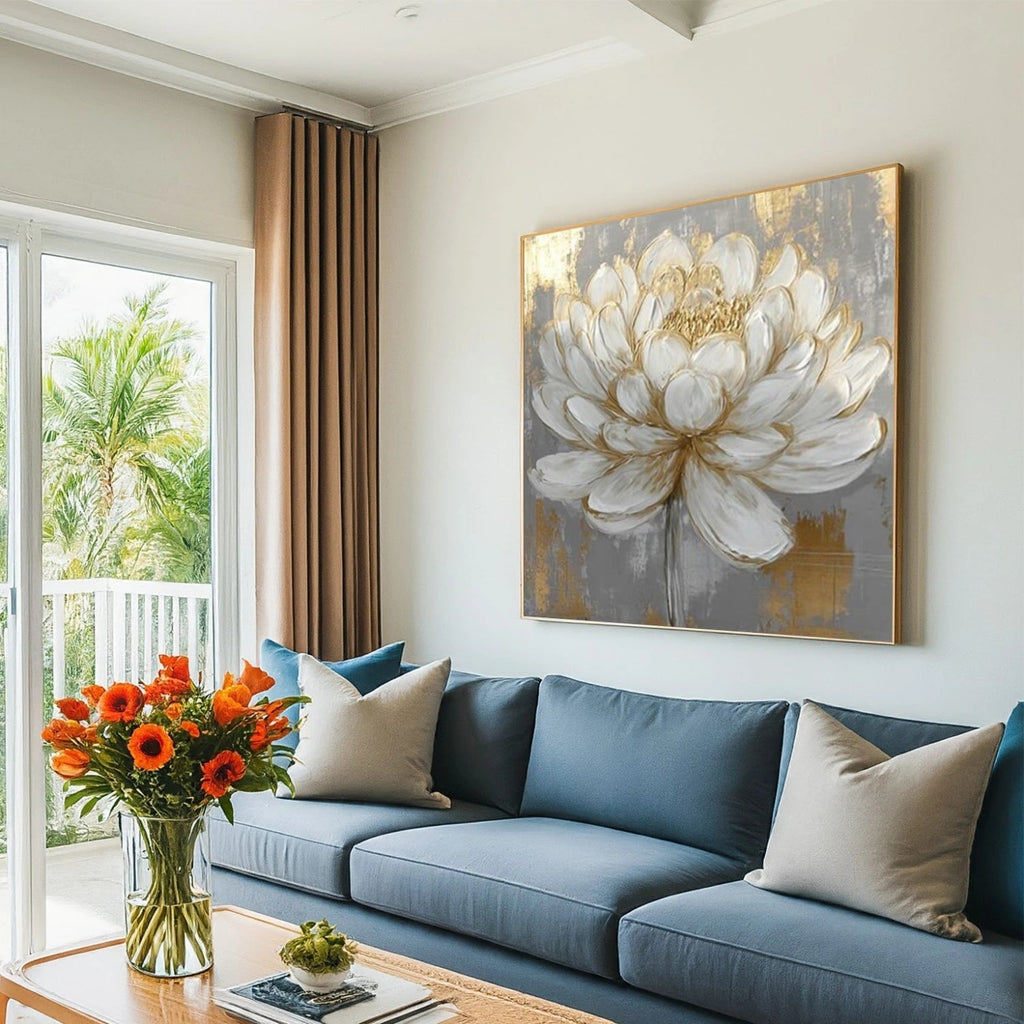 Golden Whisper White Lotus Abstract Painting