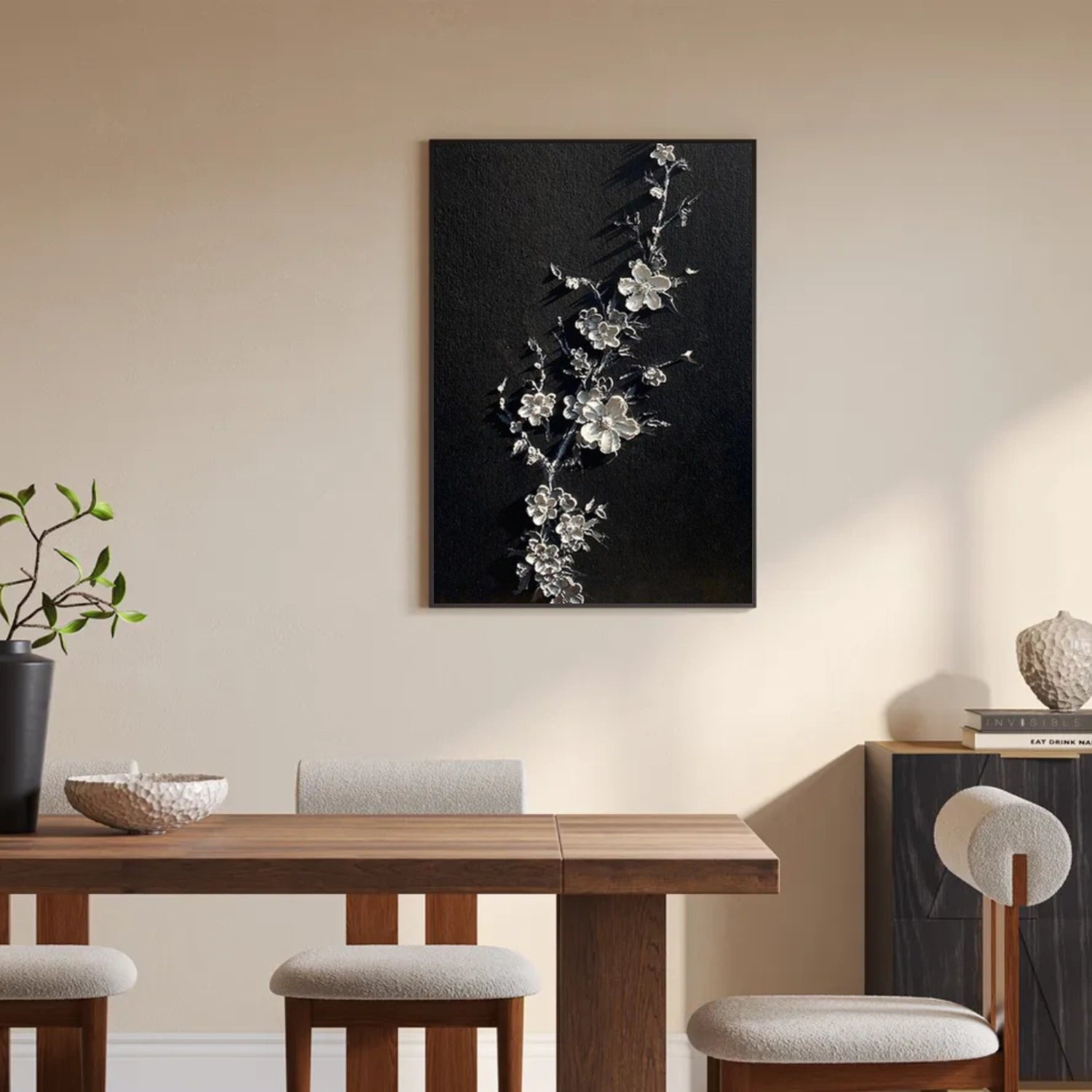 Midnight Silver Blossom Abstract Painting