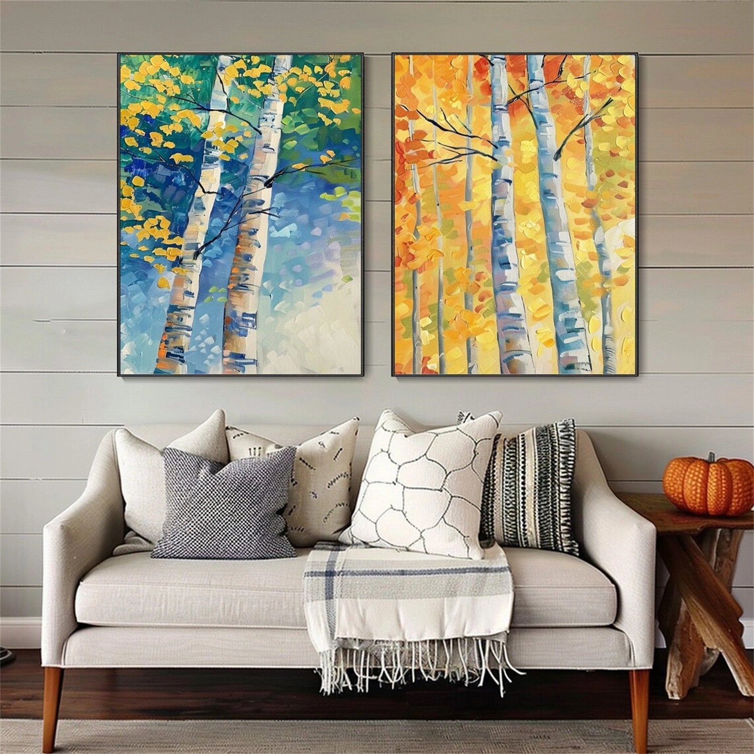 Set of 2 Autumn Light Birch Diptych Painting