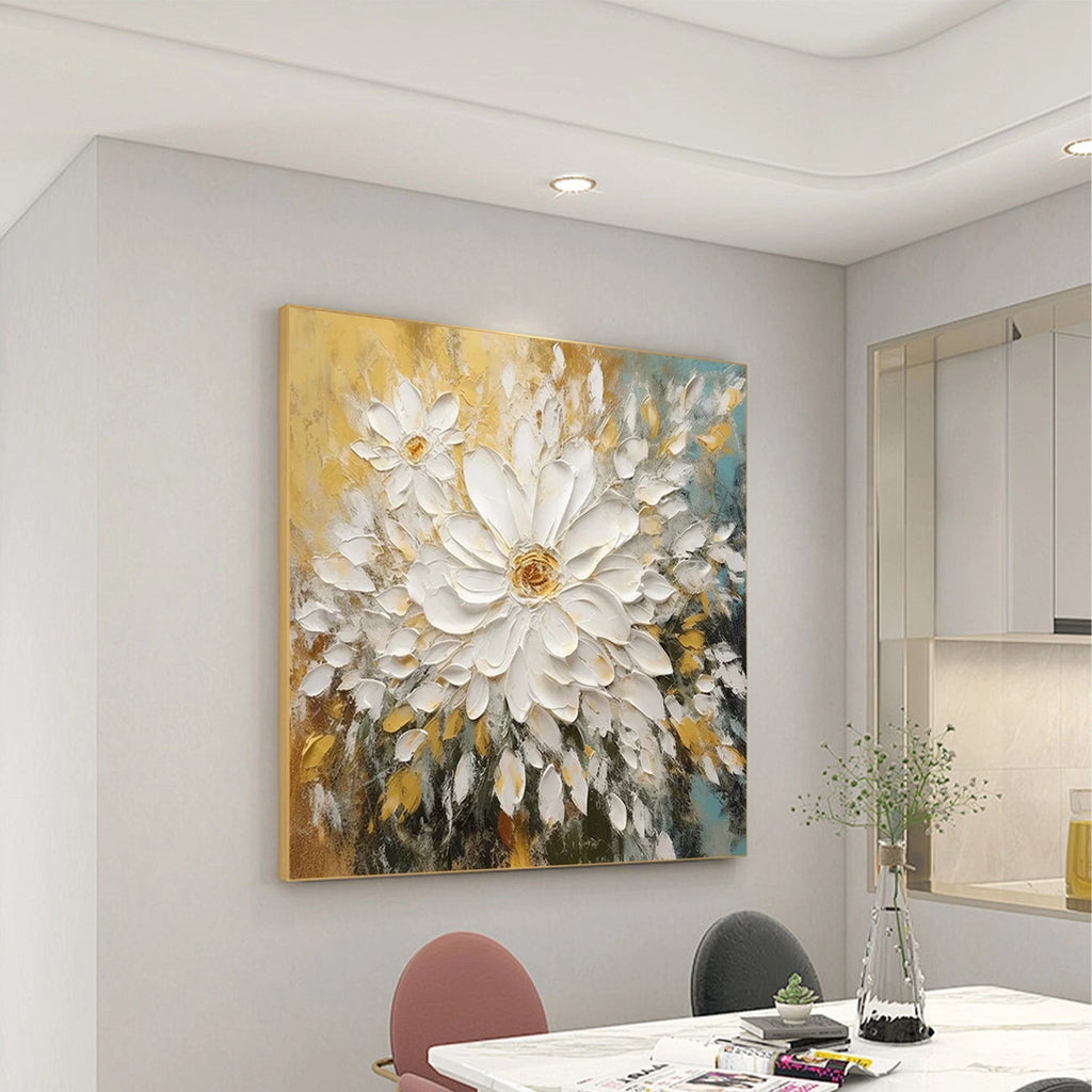 Golden Bloom White Floral Painting