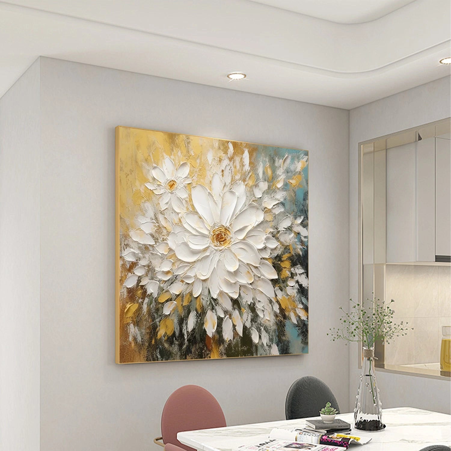 Golden Bloom White Floral Painting
