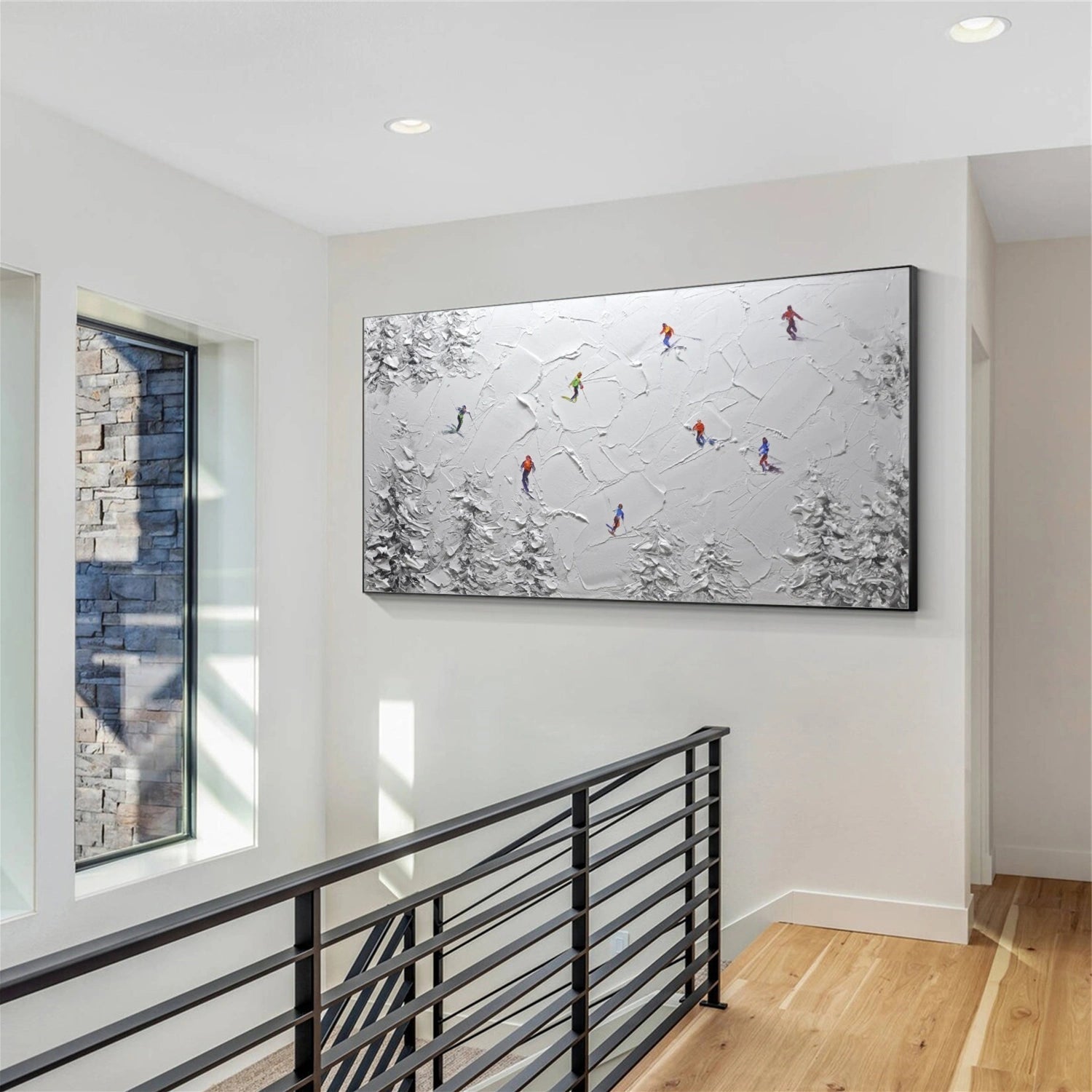 Midnight Glide – Night Forest Skiers Textured Painting