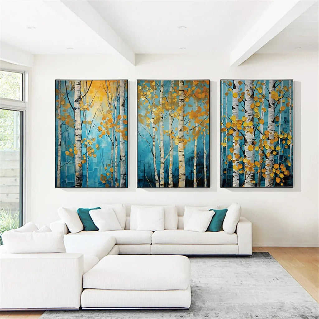 Golden Leaves Birch Forest Triptych Painting Set of 3