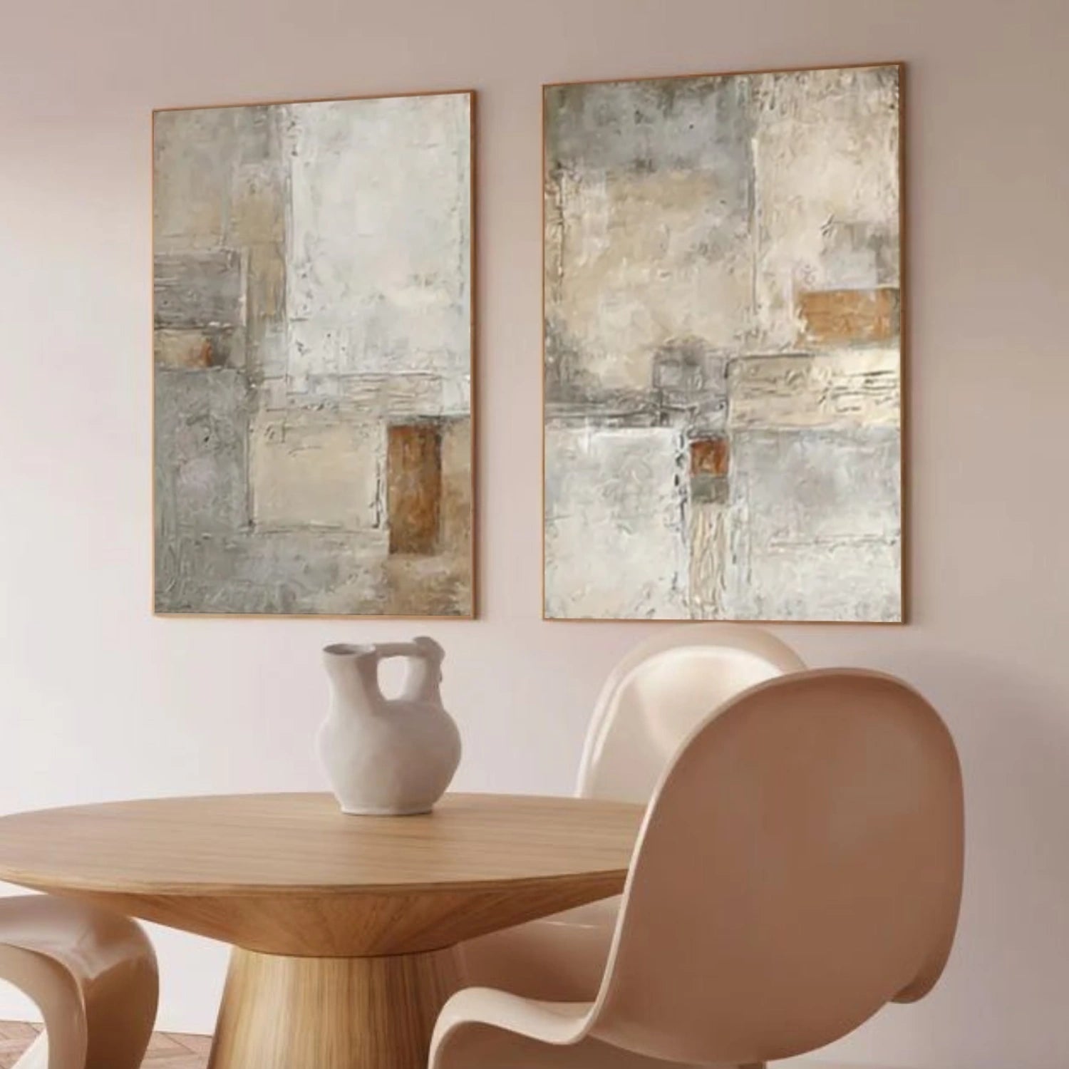 Set of 2 Silent Field Neutral Geometric Abstract Painting (Diptych)