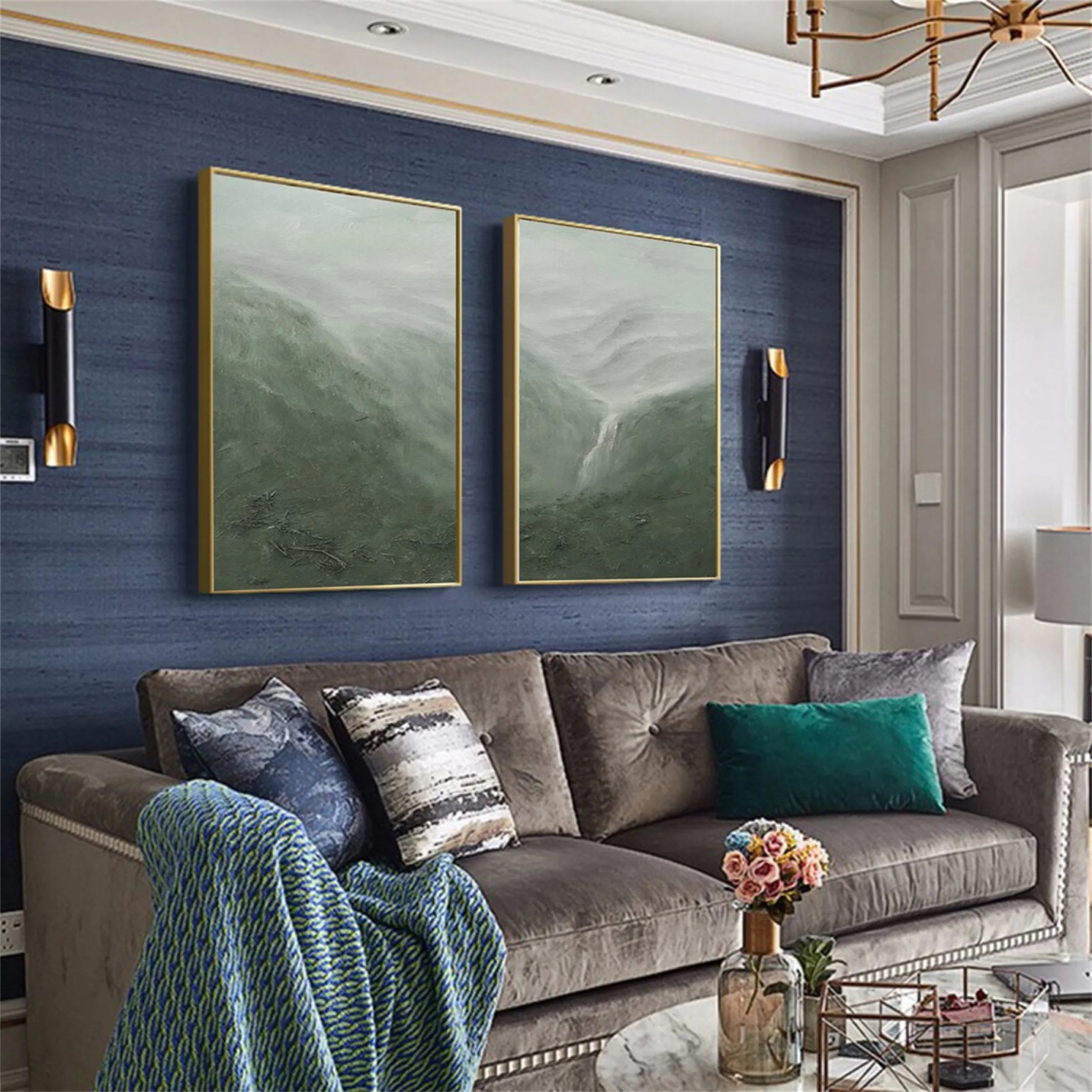 Set of 2 Mist Valley Green Abstract Painting