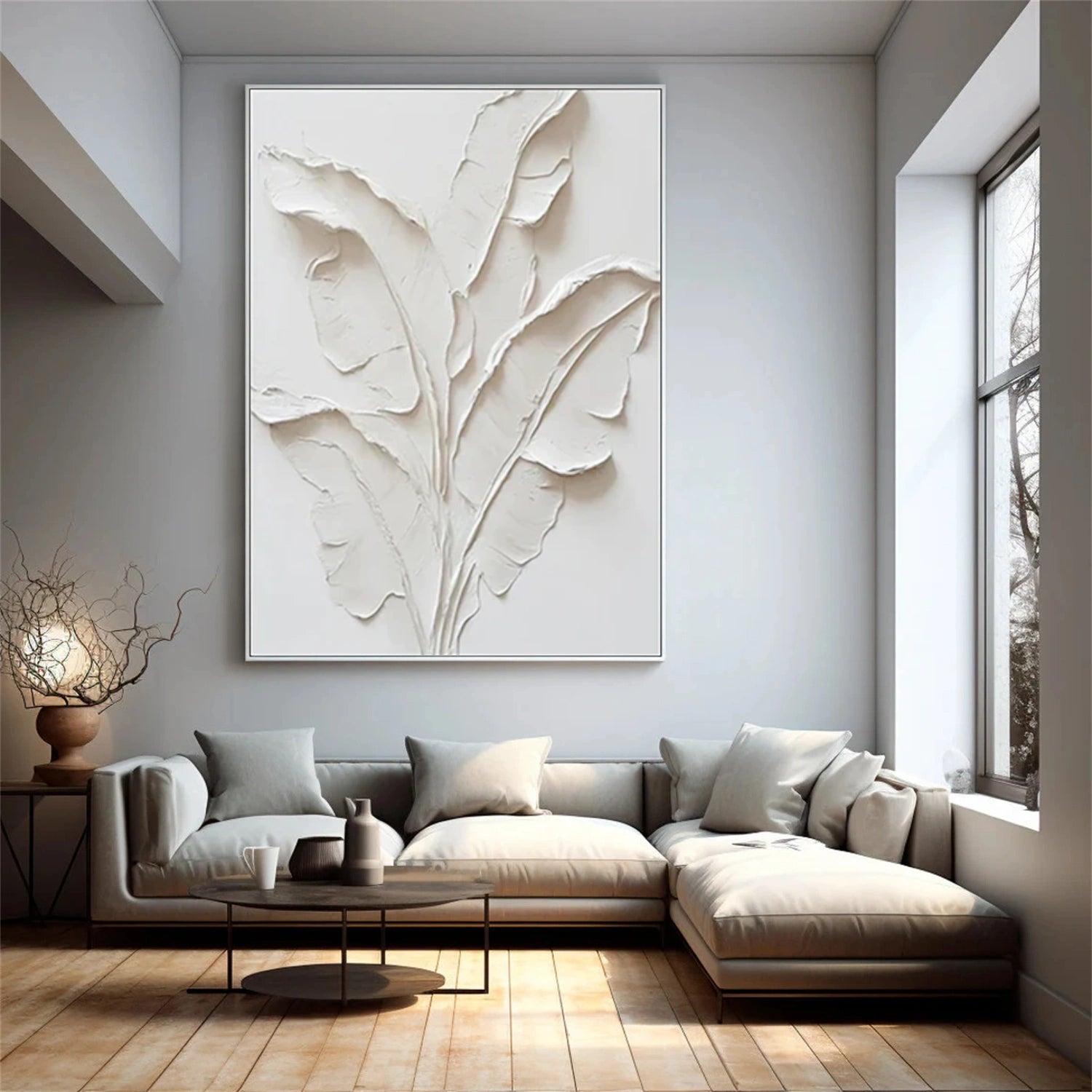 Ivory Whisper Leaves Abstract Painting