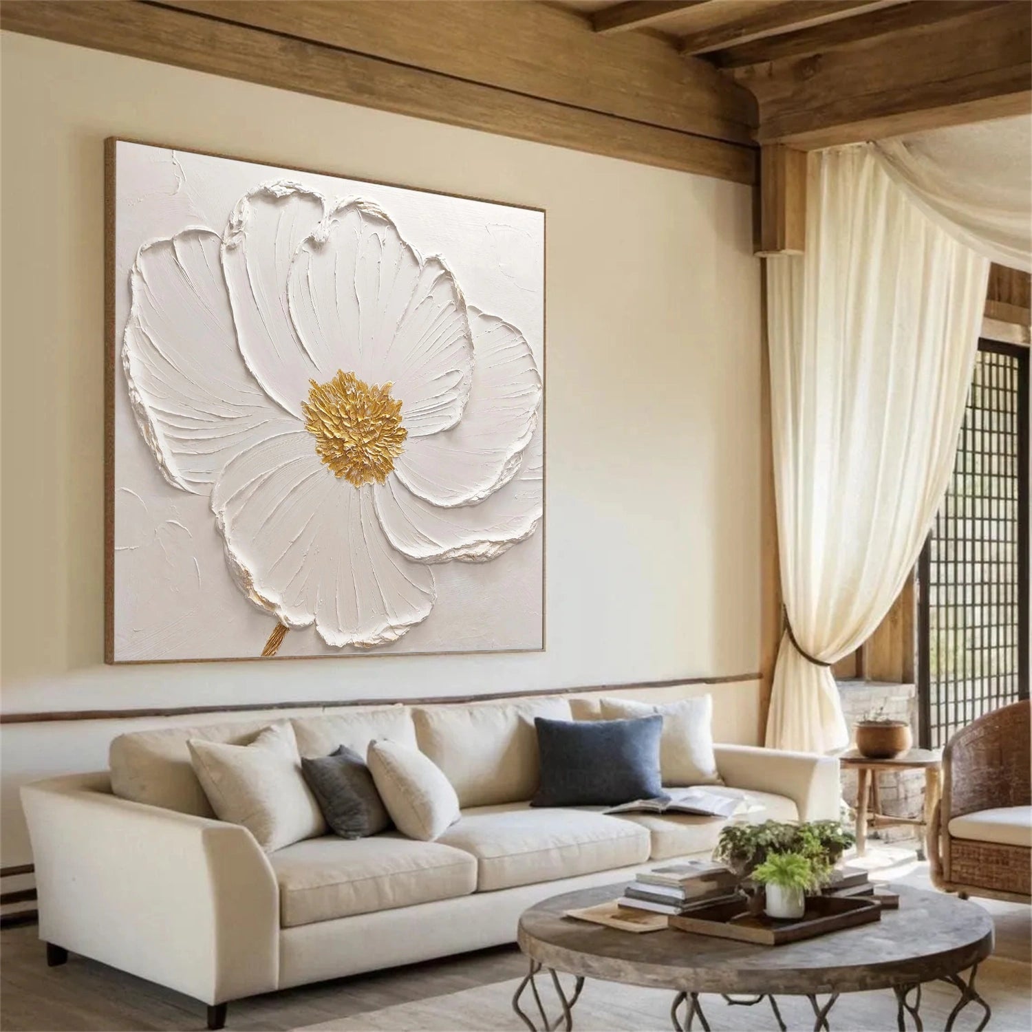 Ivory Bloom Gold-Centered Floral Painting