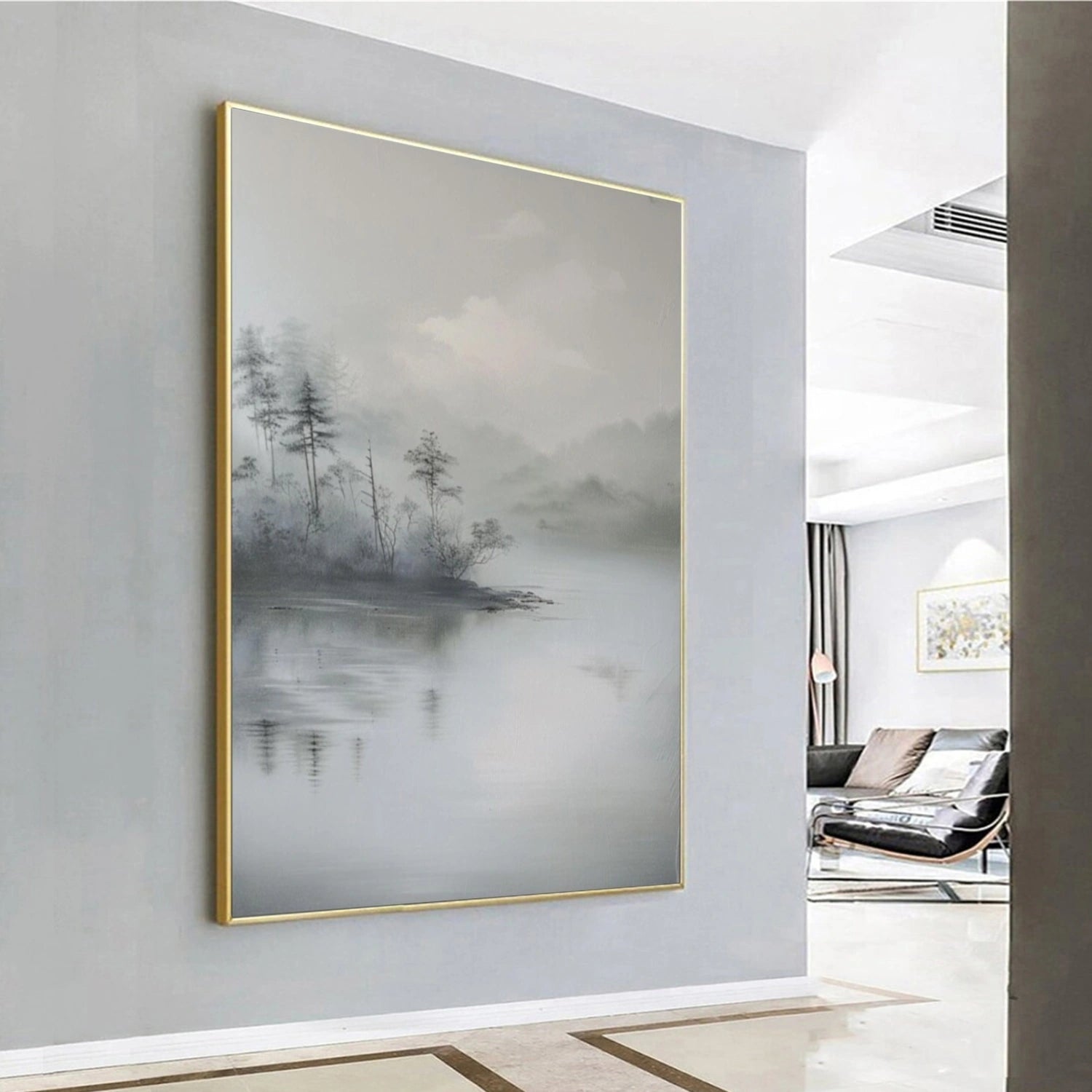 Silent Mist Lake Abstract Landscape Painting
