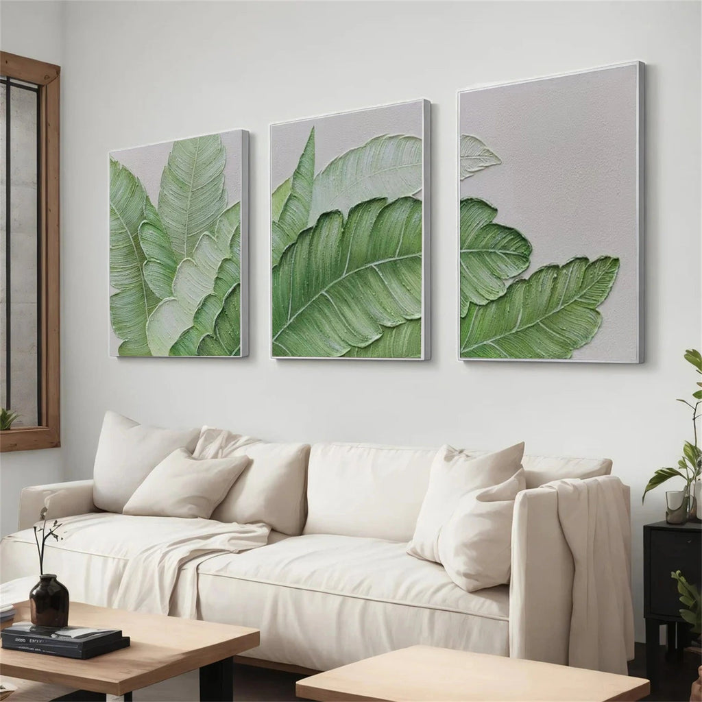 Morning Dew Green Leaves Abstract Triptych Painting Set of 3