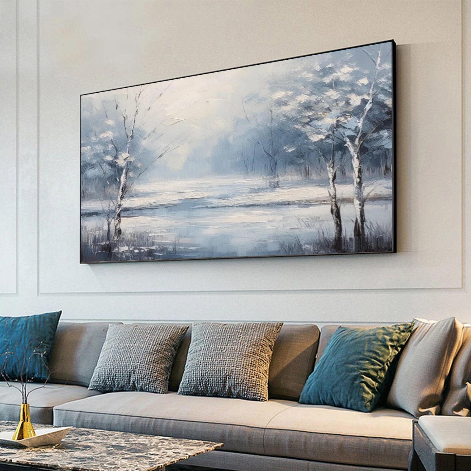Mist Blue Lake Winter Forest Abstract Painting