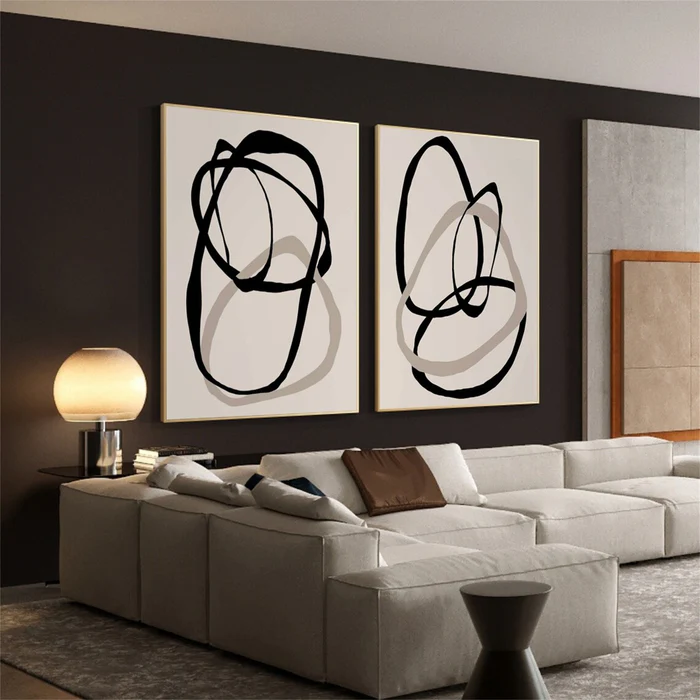 Eternal Flow Black Line Abstract Painting Set Set of 2