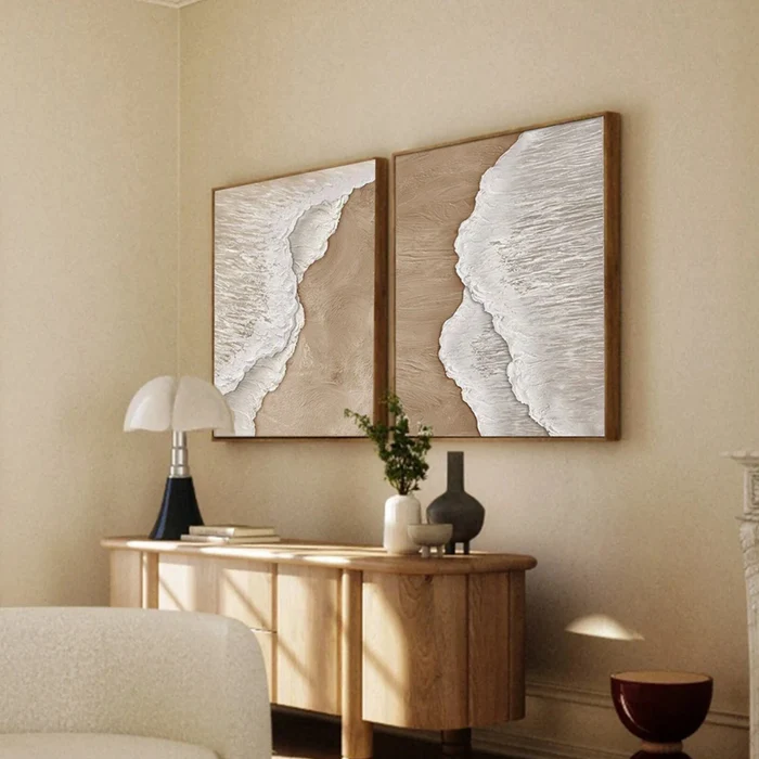 Serene Shore Beige Textured Painting Set Set of 2