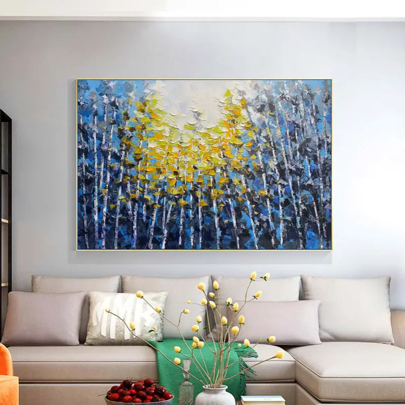 Golden Canopy Birch Forest Abstract Painting