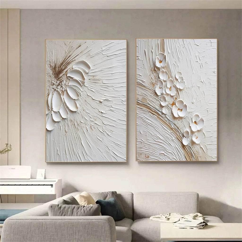 Set of 2 Ivory Whisper Textured Floral Abstract Painting