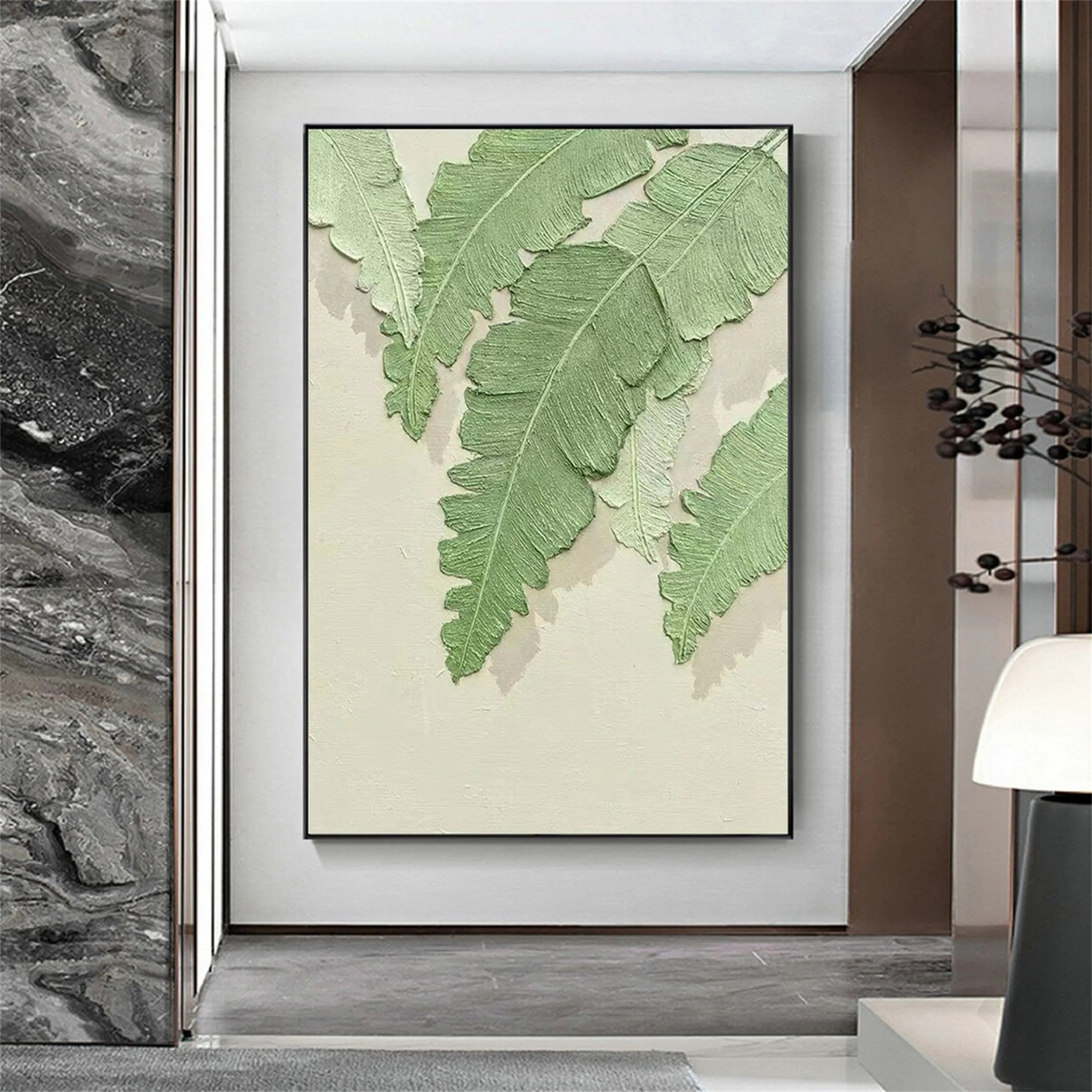 Sage Fern Leaf Textured Abstract Painting