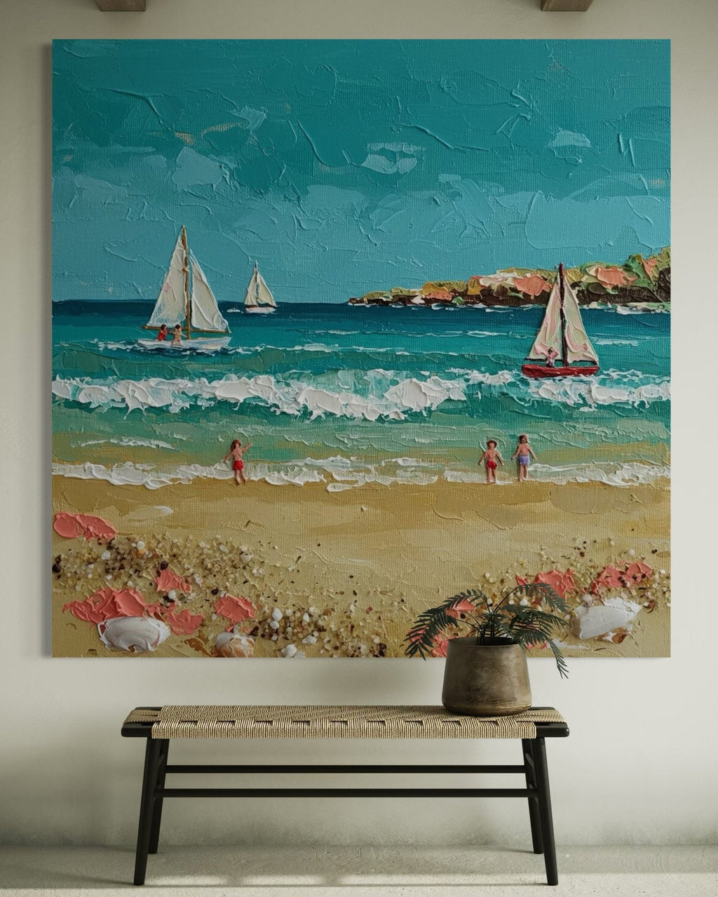 Summer Sail: A Charming Coastal Beach Canvas Painting with 3D Details