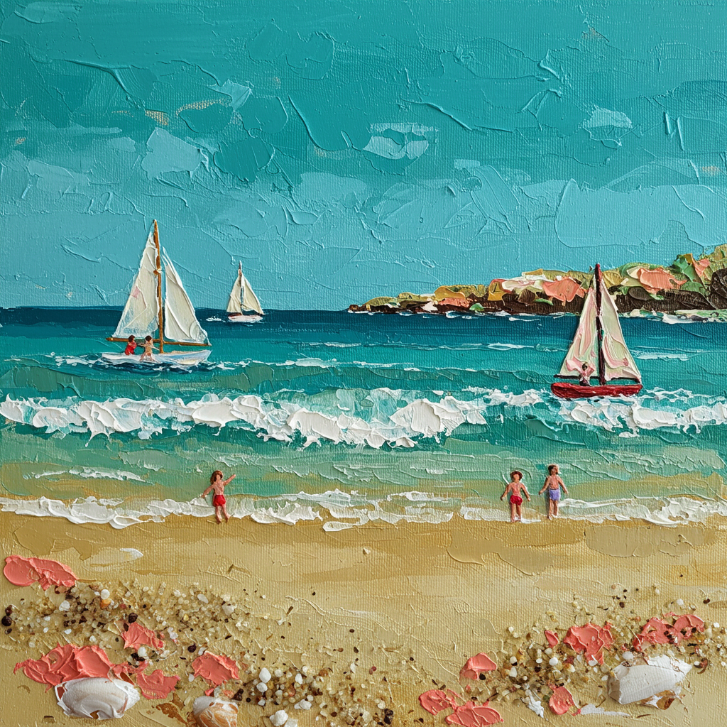 Summer Sail: A Charming Coastal Beach Canvas Painting with 3D Details