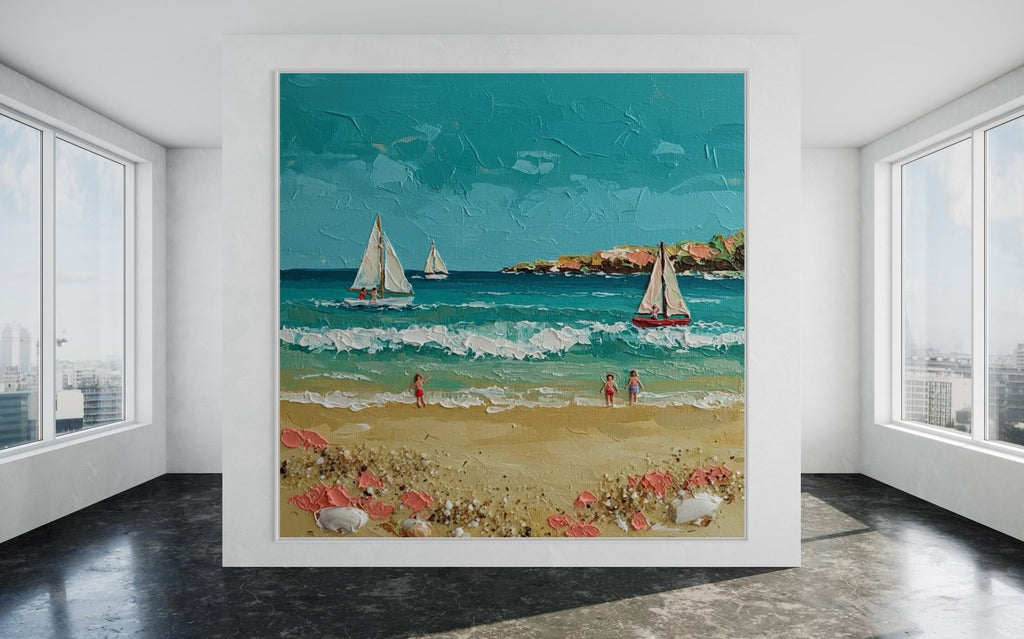 Summer Sail: A Charming Coastal Beach Canvas Painting with 3D Details