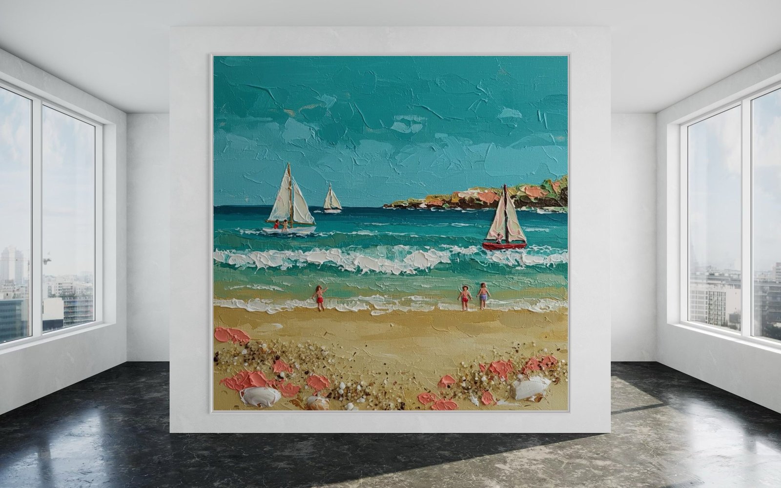 Summer Sail: A Charming Coastal Beach Canvas Painting with 3D Details