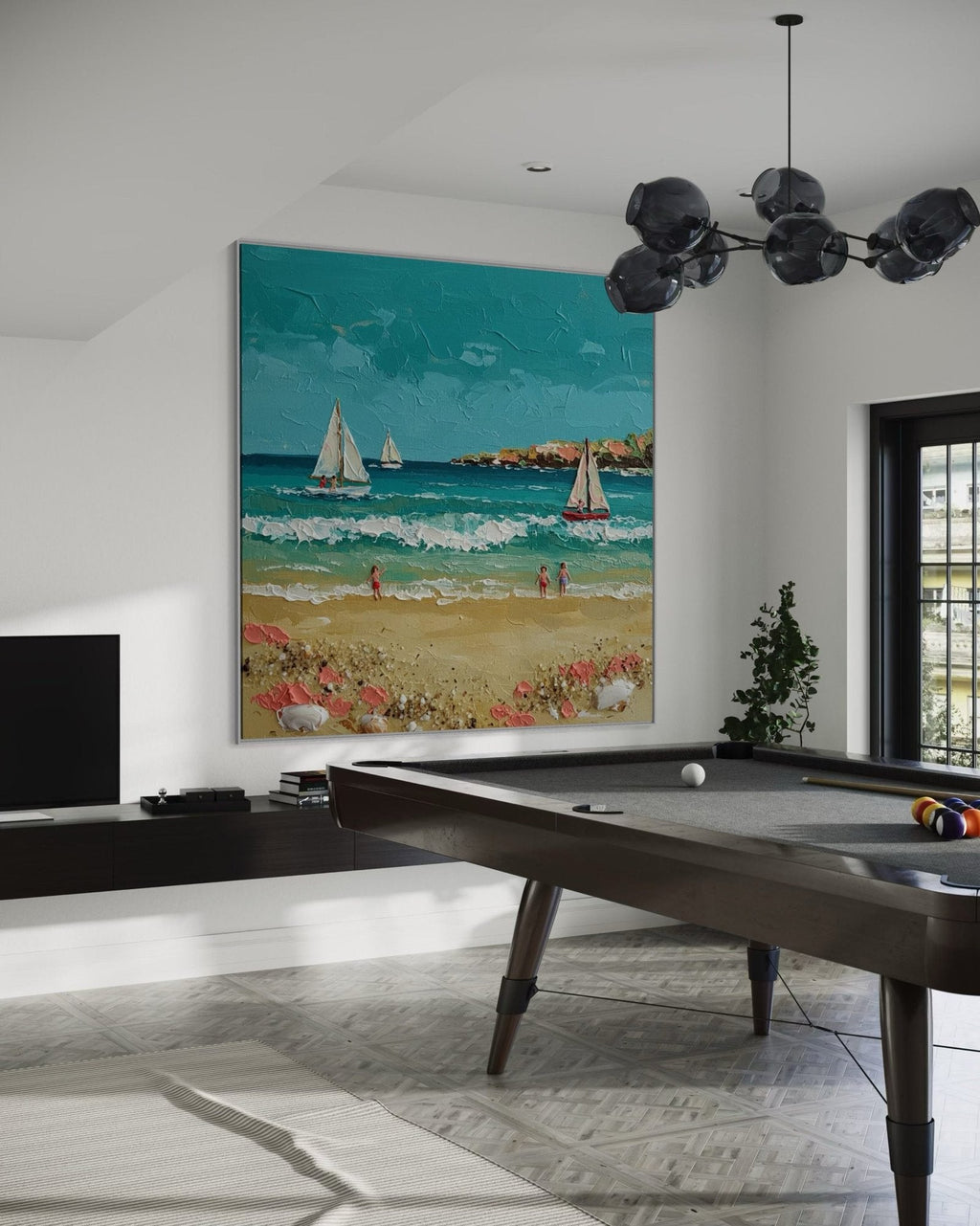 Summer Sail: A Charming Coastal Beach Canvas Painting with 3D Details